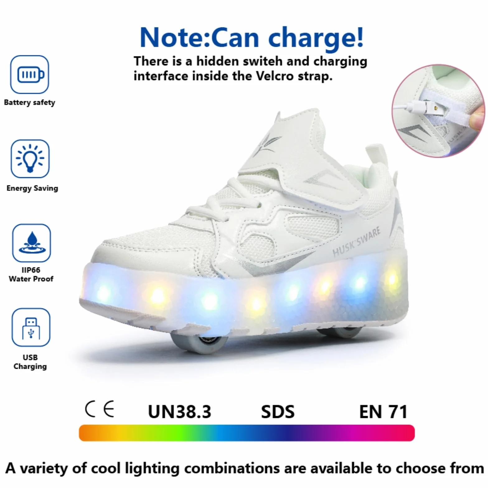 Sneaker per Bambini Scarpe da Skateboard a Due Ruote Luce a Cambio Colore Regolabile Ricarica USB 27–40 EU