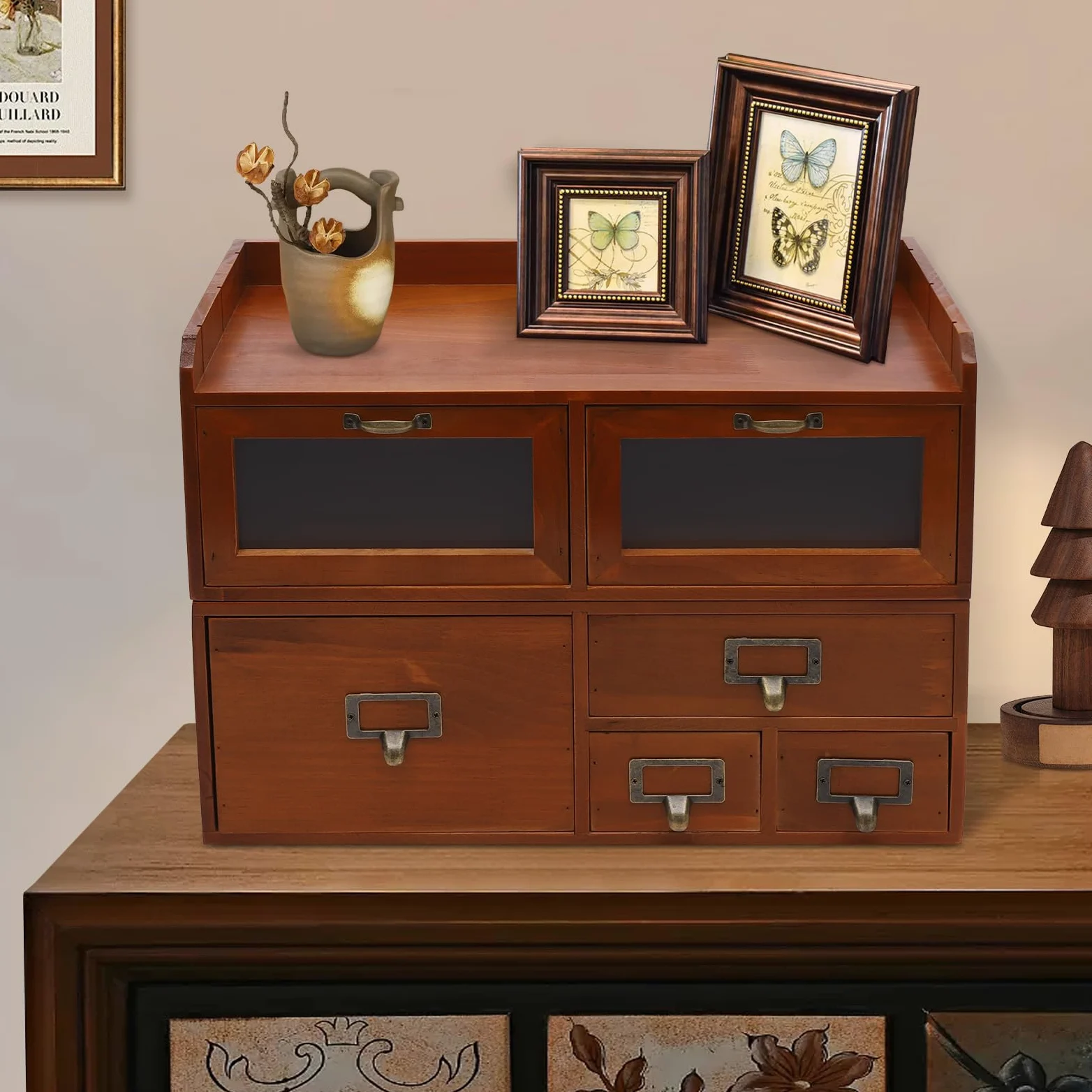 Organizer da scrivania a 6 cassetti, in legno di pino, 47 x 22 x 32 cm, marrone | Cassettiera vintage in acrilico trasparente, per cancelleria, cosmetici, gioielli e piccoli oggetti di uso quotidiano