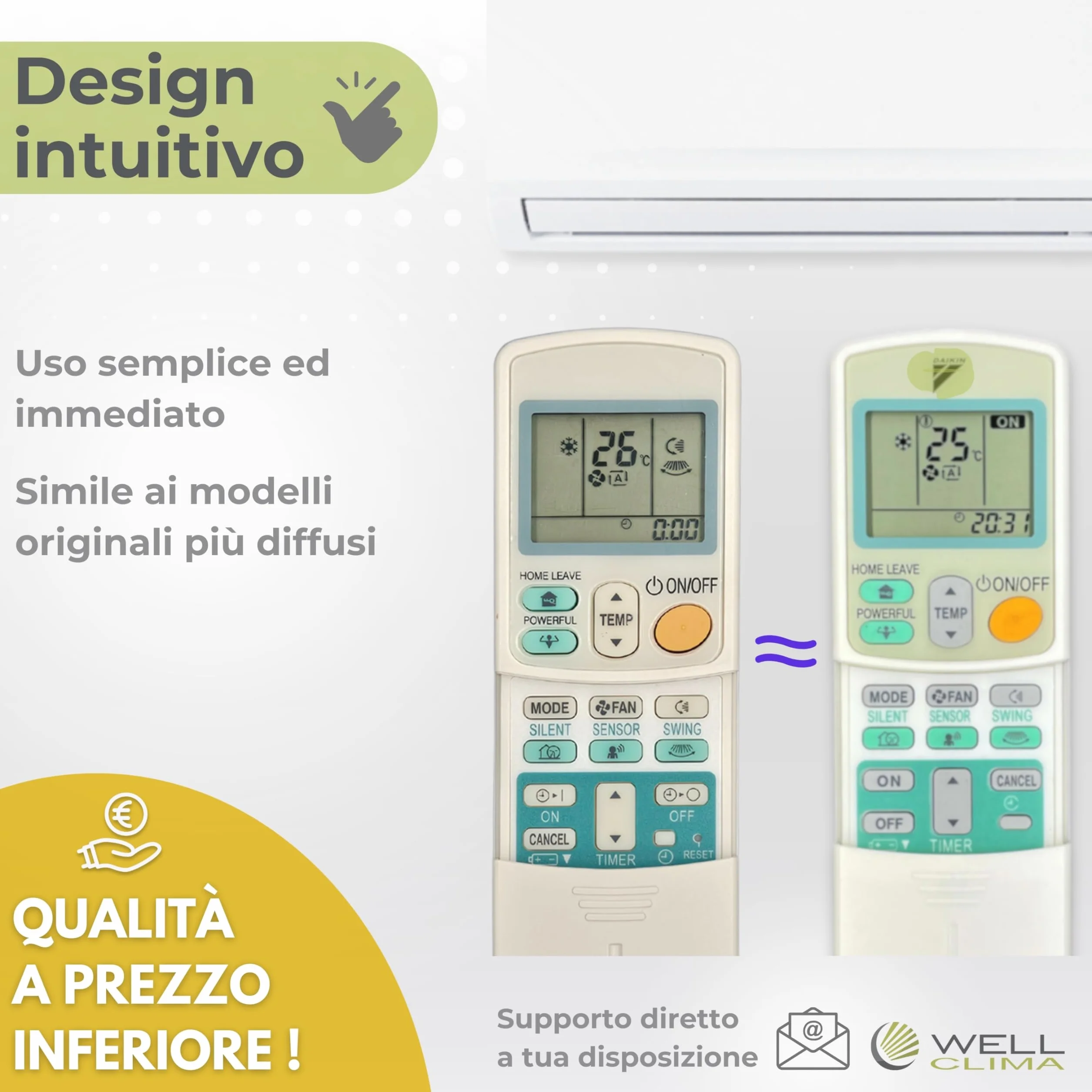 Wellclima Telecomando Universale per Condizionatori Daikin, Compatibilità Garantita, Design Simile all'Originale, Fino a 5 Velocità di Ventola, Istruzioni in 6 Lingue, Assistenza Diretta