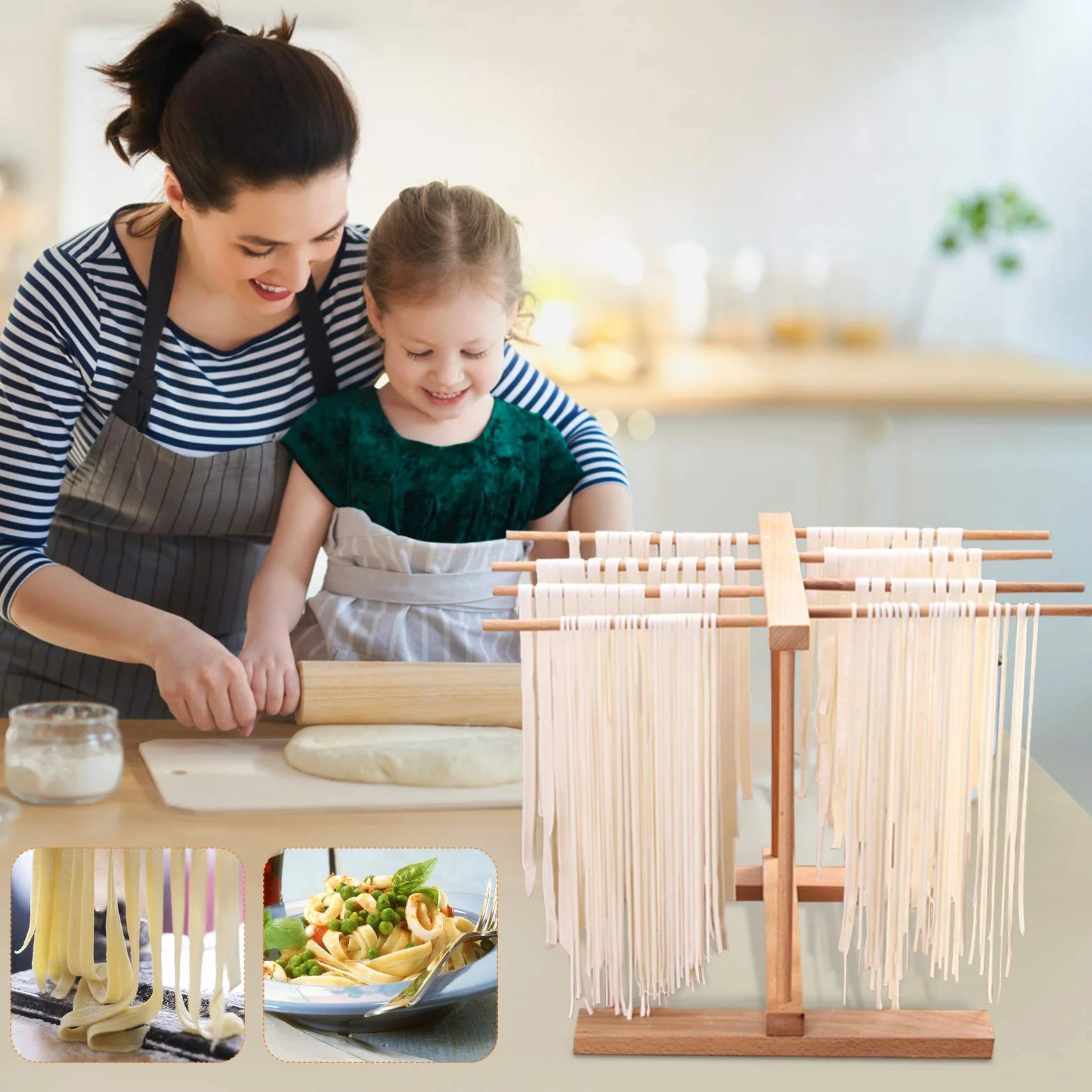 DIYARTS Stendino per Pasta 8 File Pieghevole in Legno di Faggio Essiccatori Fatti A Mano per Spaghetti Freschi Rack da Cucina Multifunzionale per Tazze da Asciugamani Cucina