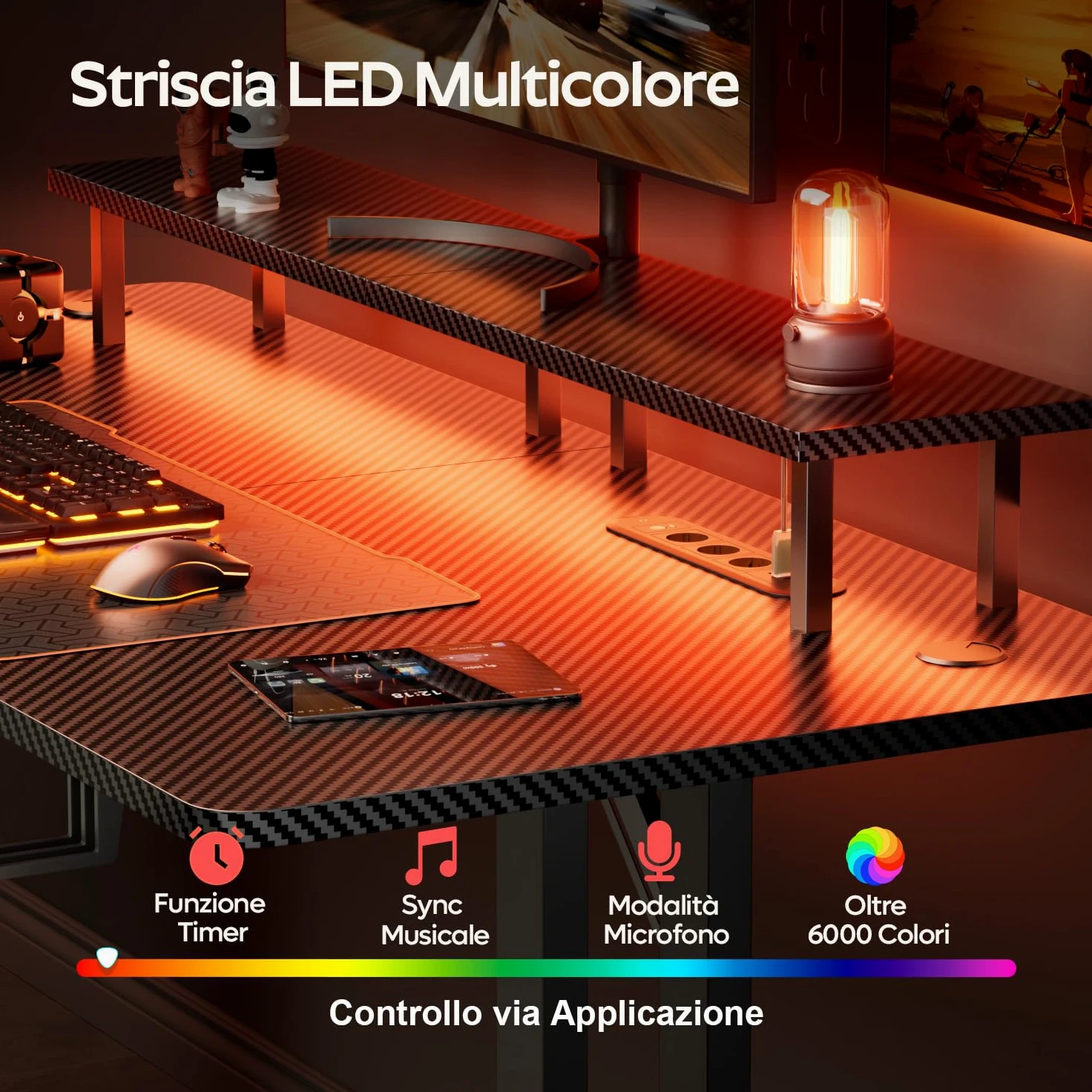 HLFURNIEU Scrivania Gaming LED 120 x 60 cm, Tavolo Gamer con Presa di Corrente e Supporto per Monitor, Postazione Gaming con Porta Bicchiere e Gancio per Cuffie, Superficie in Fibra di Carbonio, Nero