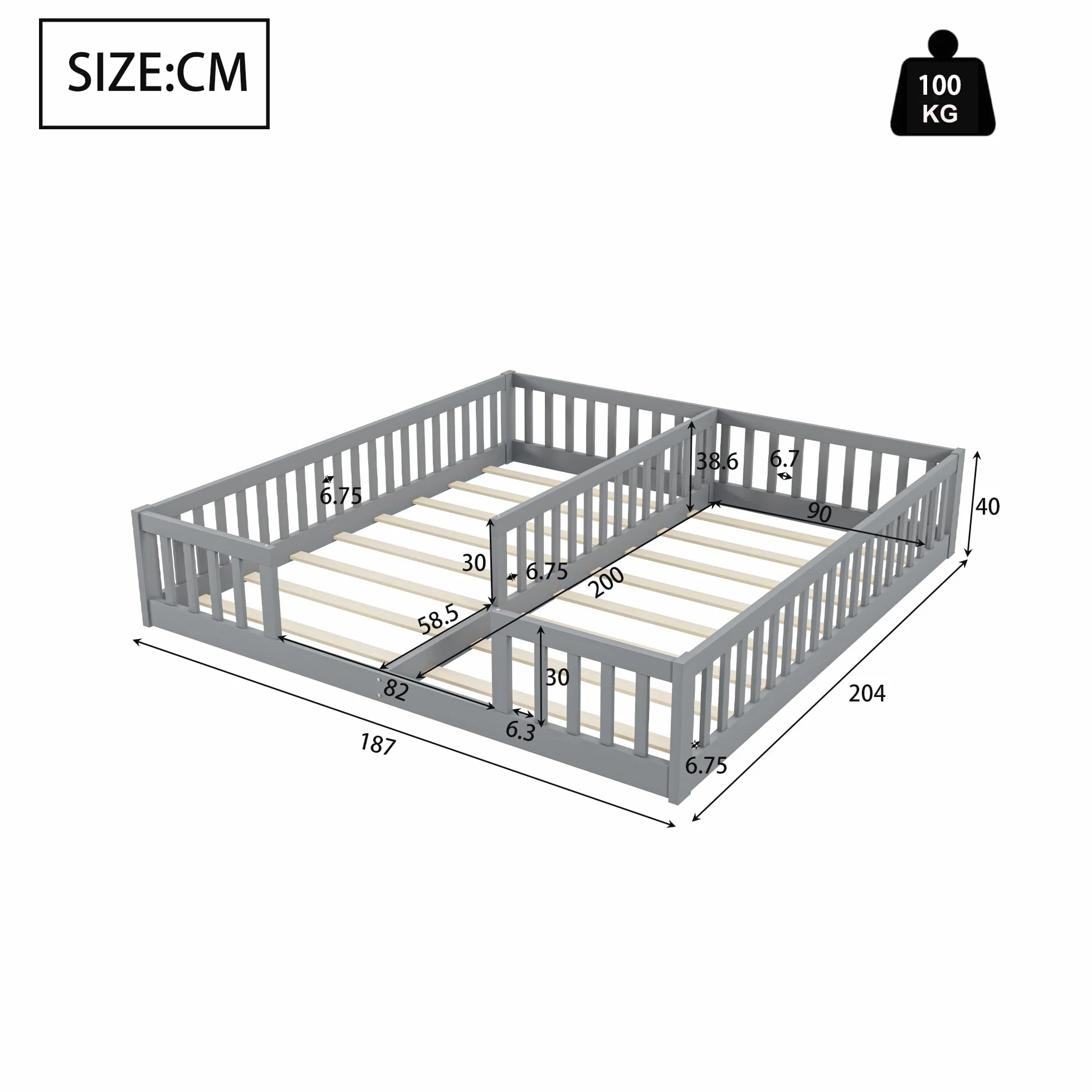 Lettino da pavimento 90 x 200 cm, con rete di sicurezza, in legno di pino, per famiglie con 2 bambini, letto gemellare con rete a doghe, grigio