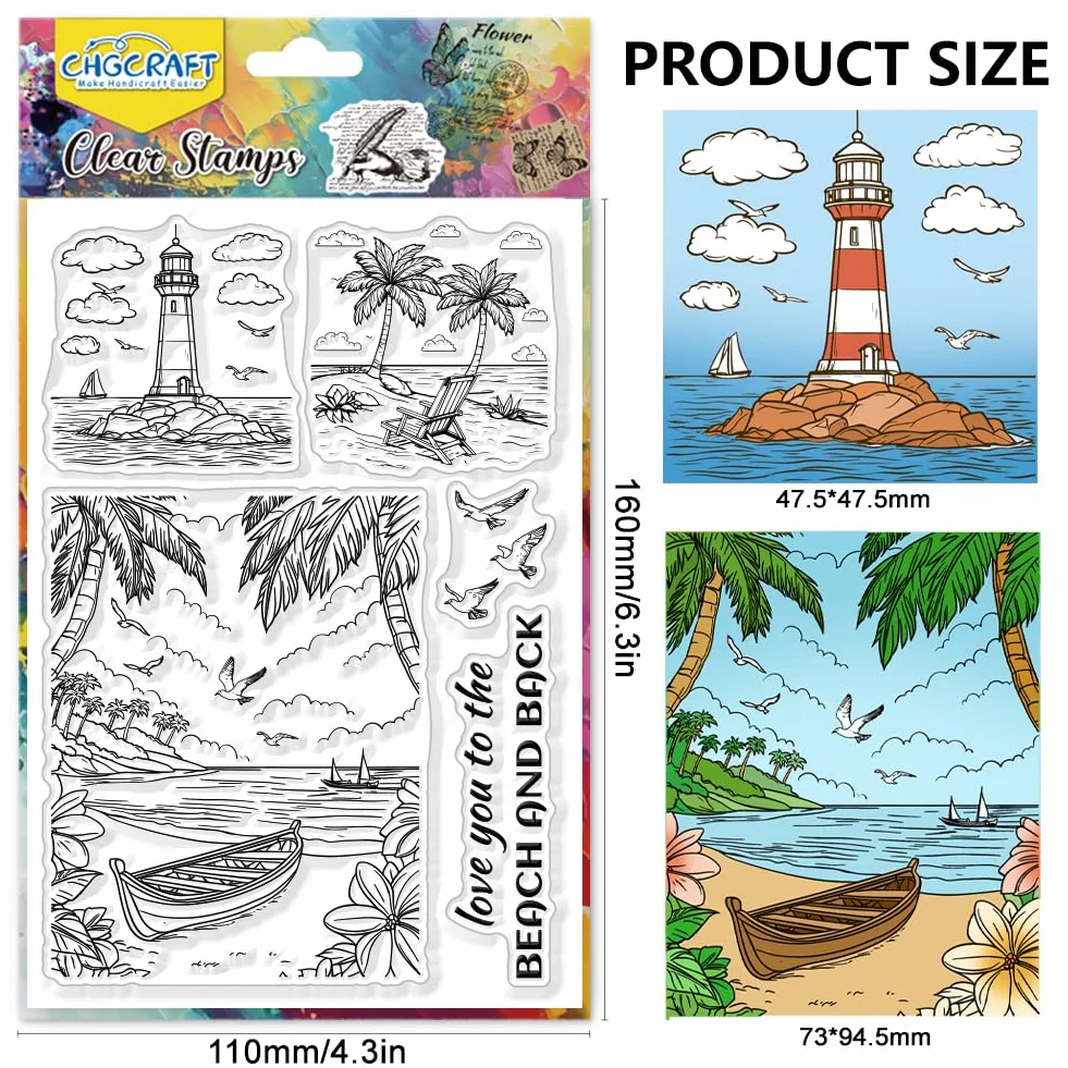 CHGCRAFT Timbri trasparenti per la spiaggia Isola Alberi di cocco Timbri trasparenti Faro Sigilli trasparenti in silicone per timbri per DIY Scrapbooking Decorazione album fotografico, 4,3x6,3 pollici