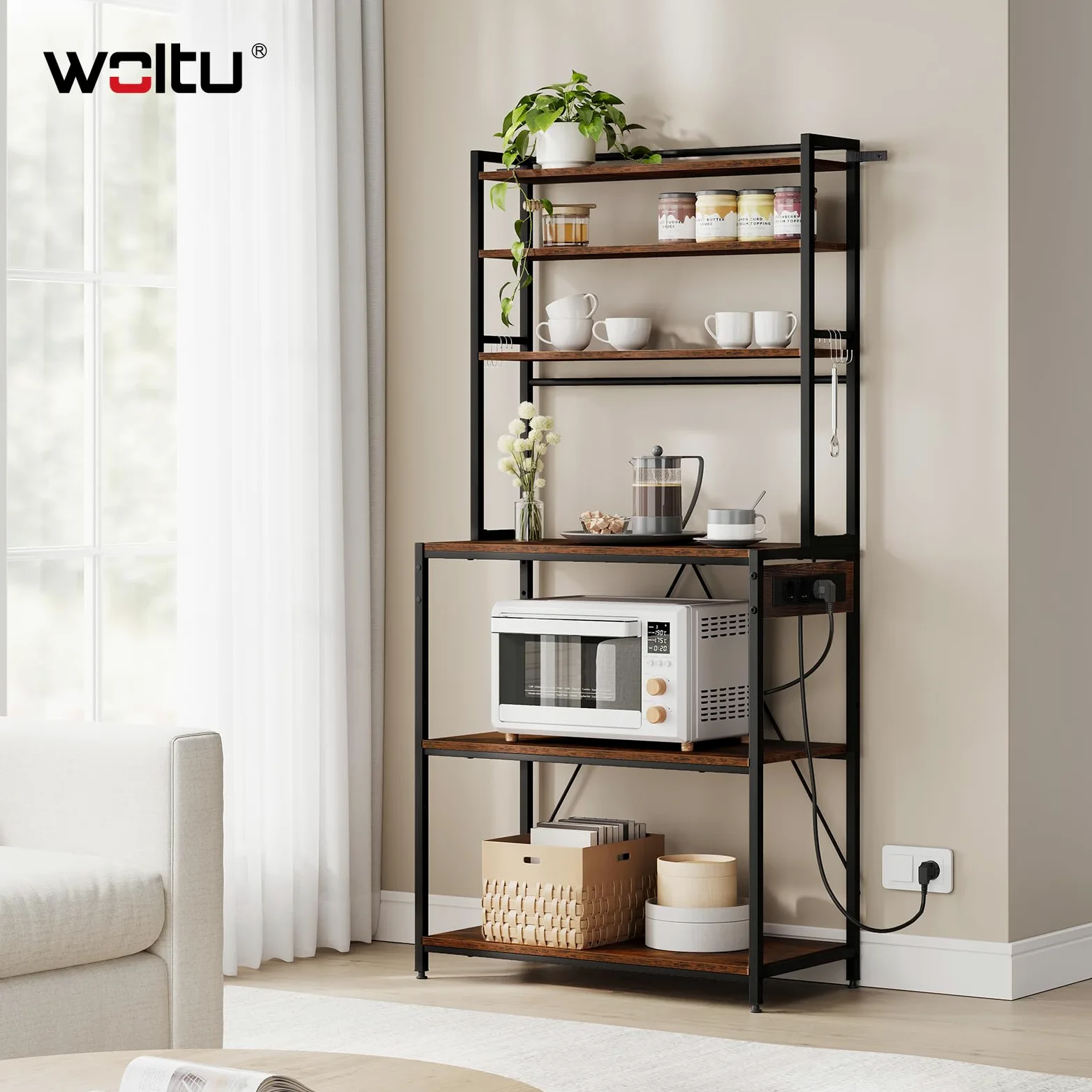 WOLTU Scaffale da Cucina a 6 Livelli con Prese di Corrente, Scaffale per Microonde con Struttura in Metallo e Piano di Lavoro Aperto, Nero+Marrone Rustico, 80x39,5x167cm