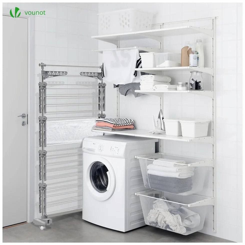 VOUNOT® Stendino Verticale a Torre, Stendibiancheria Pieghevole in Acciaio Inox con Ripiani Regolabili, 6 Ruote e Rete Asciugatura, 4 Livelli