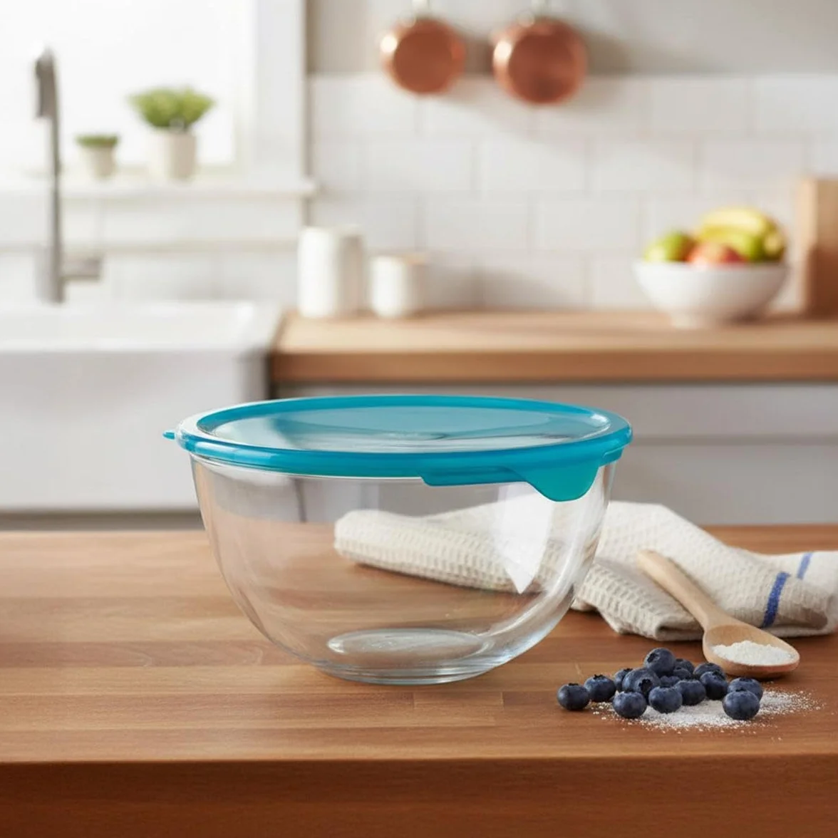 Pyrex 180P000 Ciotola di vetro ad alta resistenza con coperchio, Trasparente/Blu, 2 L