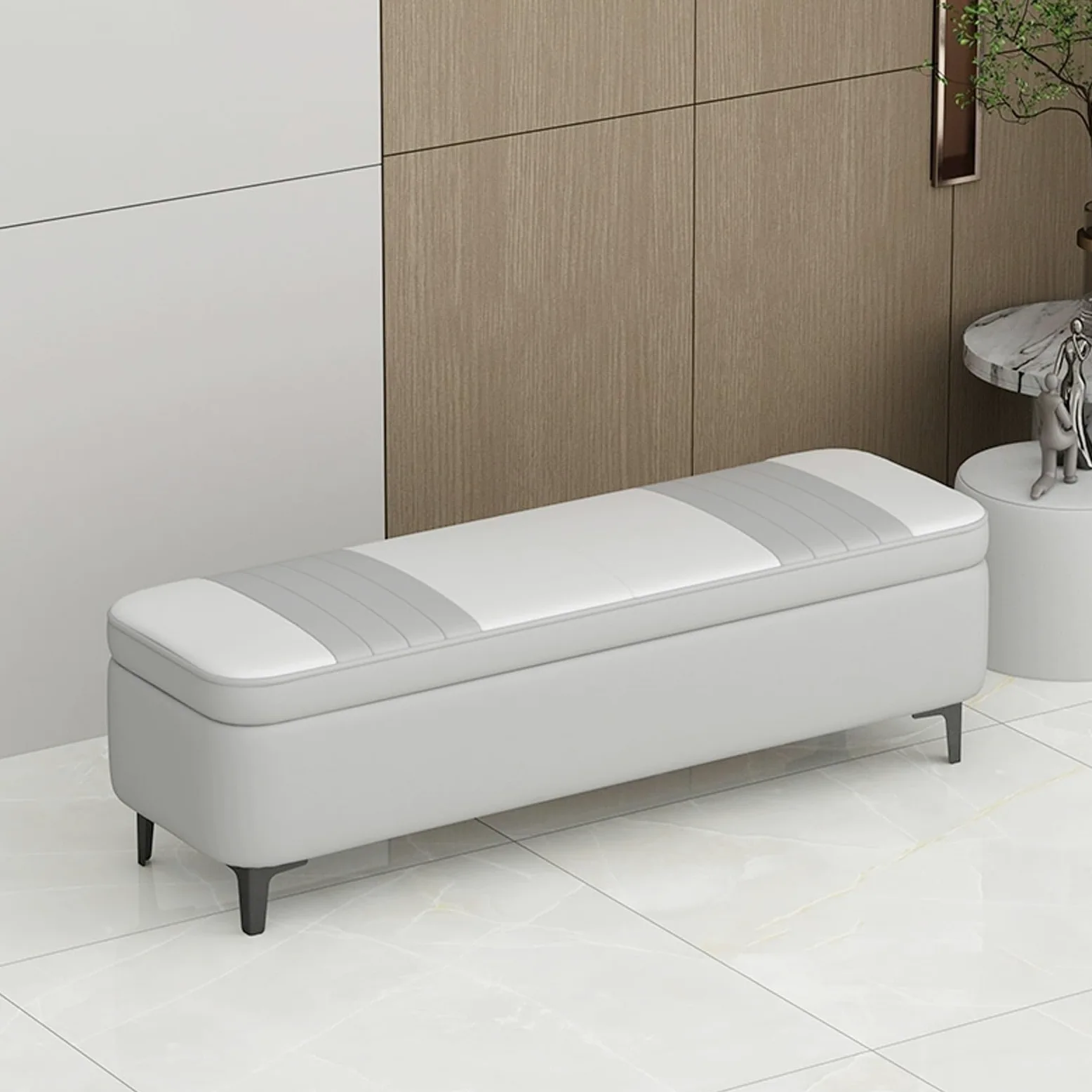 Moderno salotto panca scarpiera con cuscino, interno ingresso contenitore panca seduta con seduta, panca fondo letto matrimoniale, panca camera da letto con seduta, mobile scarpiera ingresso.