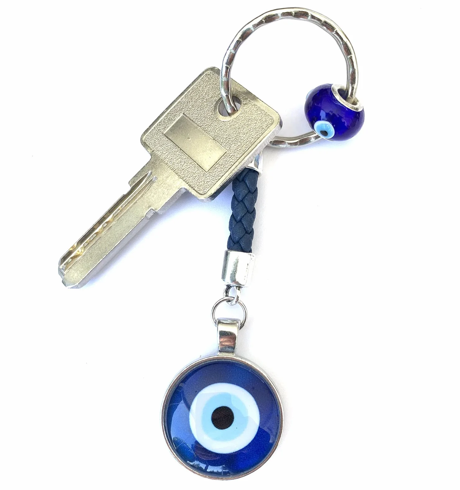 ASTER ALHELÍ Portafortuna Portachiavi Blu Occhio Turco Amuleto Malocchio Keychain Pelle Intrecciata Blu Argento Cuoio Uomo Donna