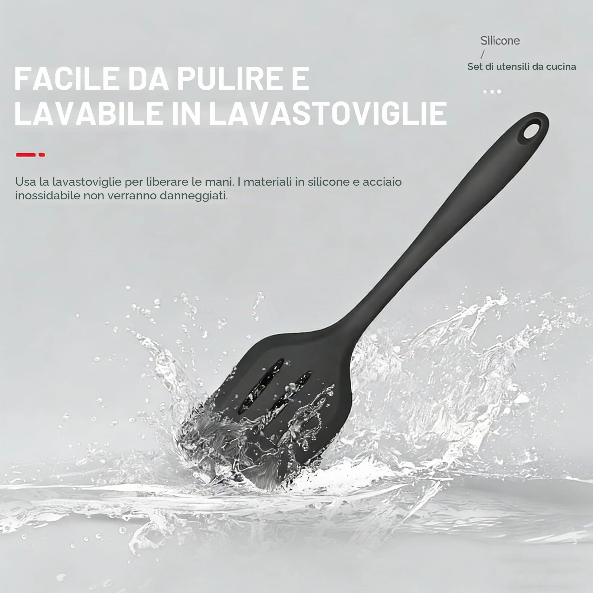 Set 15 utensili da cucina in silicone con manici in acciaio inossidabile, resistenti al calore, neri