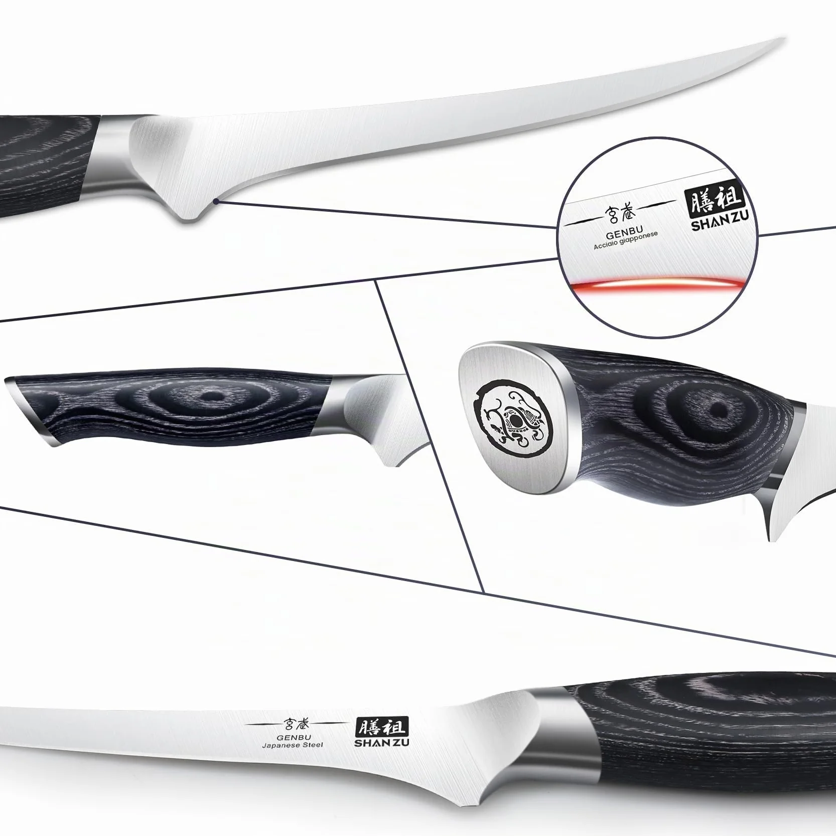 SHAN ZU Coltello per Filettare 18cm Coltelli da disosso Coltelli da intaglio Lama in Acciaio Inossidabile Ultra Affilata con Ergonomica K133 Impugnatura - Genbu Serie