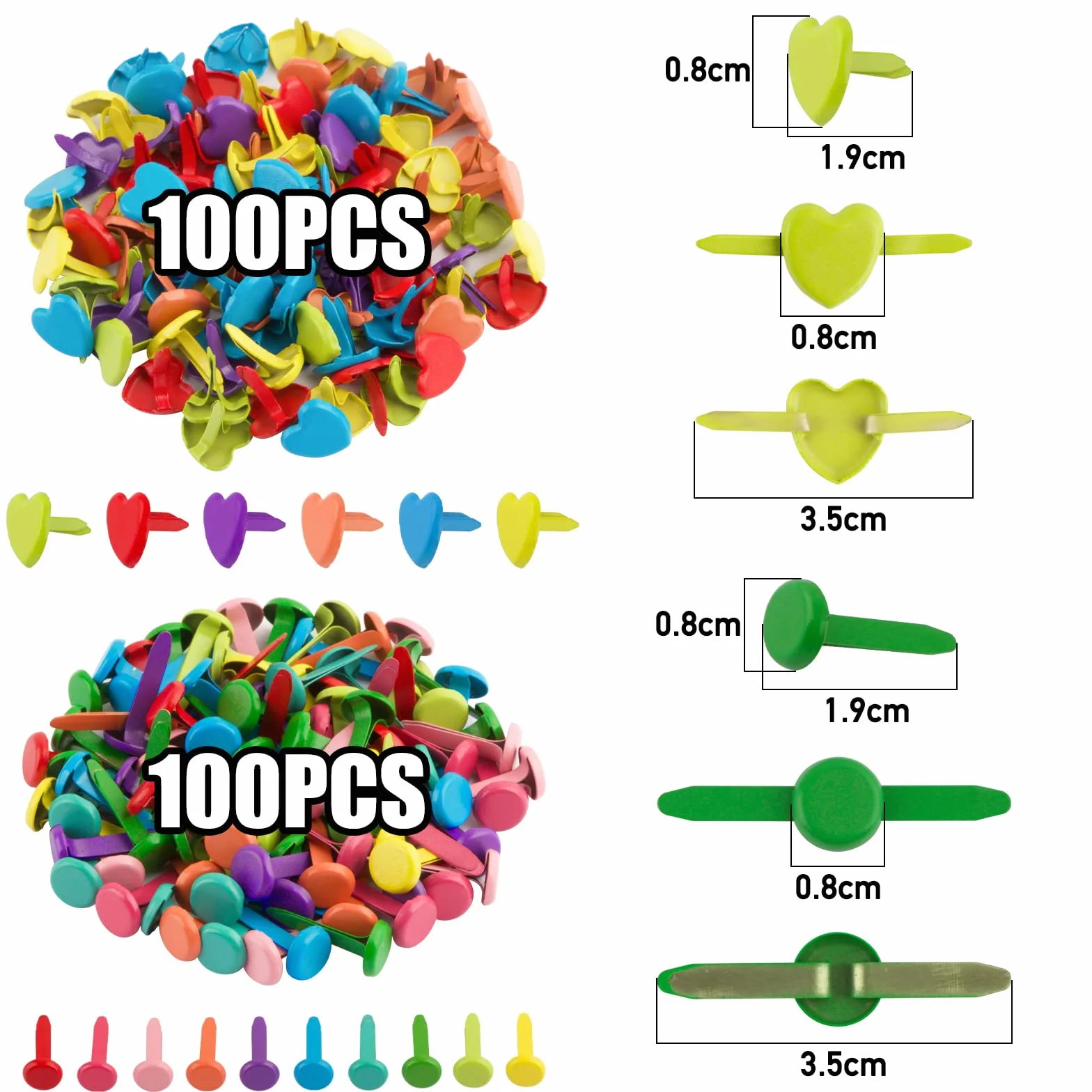 BETESSIN 200pz Fermacampioni Piccoli Cuore Tondo Puntine per Scrapbooking Carta Multicolore