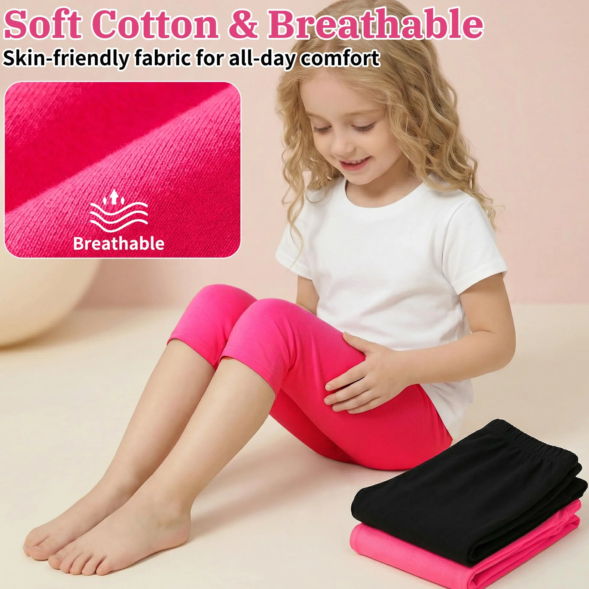 Leggings Bambina 3/4 Cotone Pacco da 2 Ragazza Morbidi Traspiranti Elasticizzati Capri Estivi Ginnastica Casual Tinta Unita 6-13 Anni