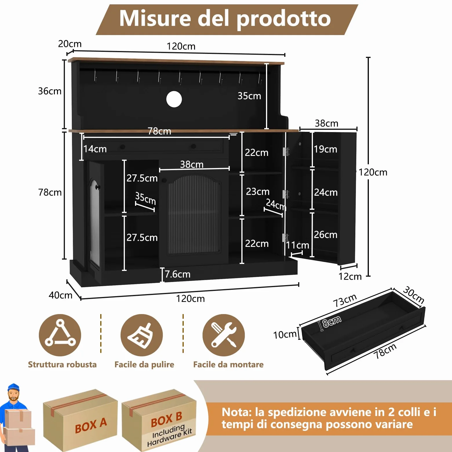 HOLTICO Credenza da Cucina Multifunzione, Armadietto per Microonde con Cassetto e Ganci per Tazze, Buffet Moderno per Soggiorno e Sala da Pranzo, Colore Nero Scuro