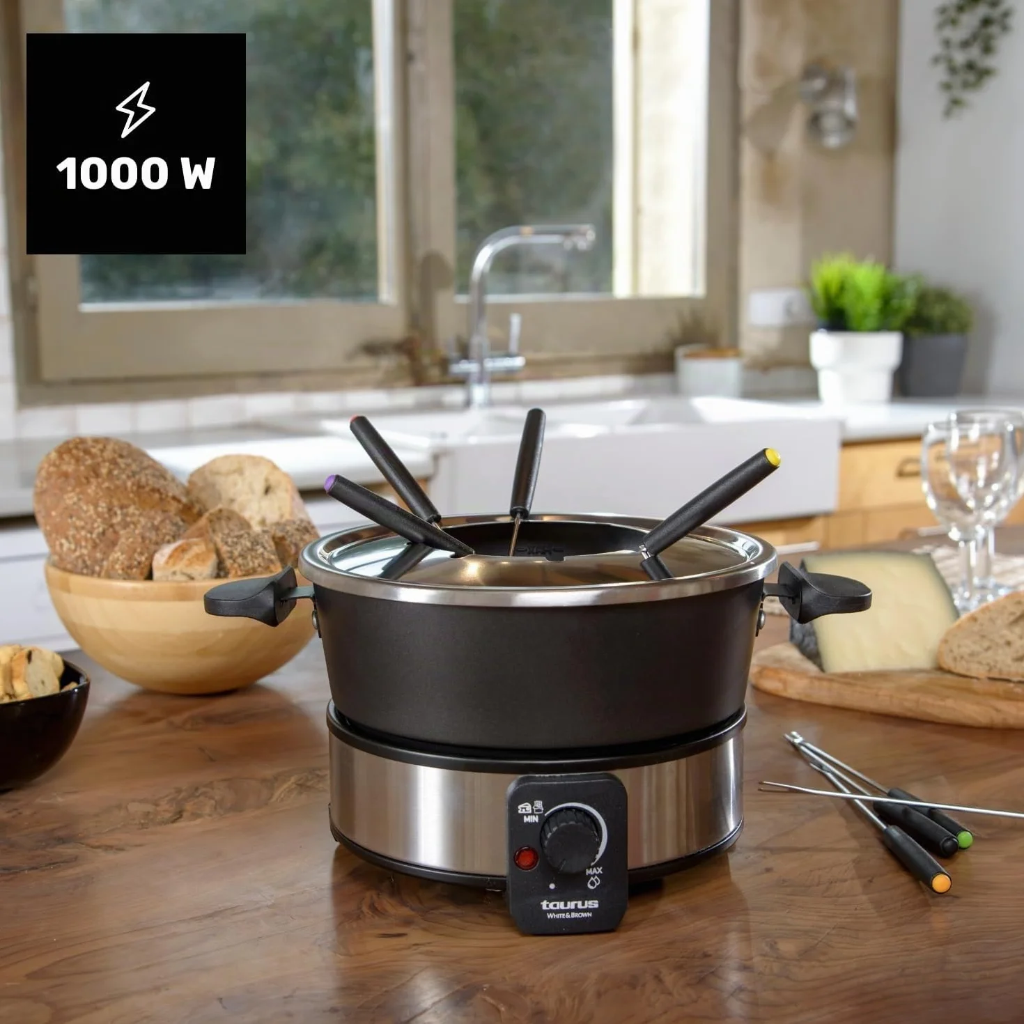 Taurus fonduta elettrica 1000W 2L termostato 200°C pentola antiaderente 8 forchette nero