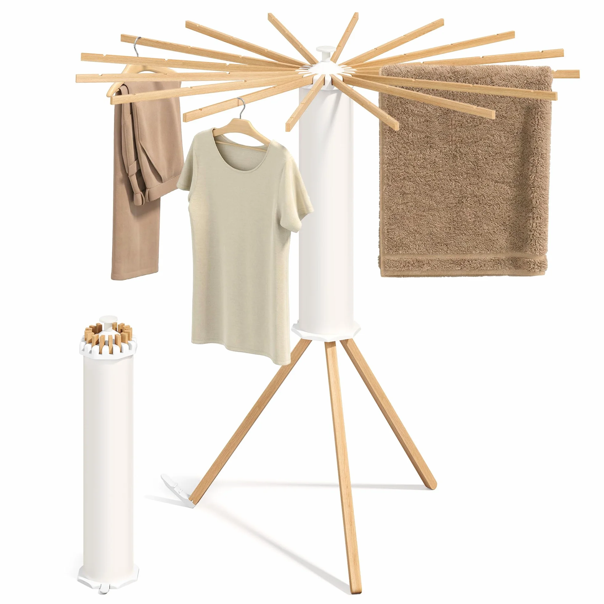 SONGMICS Stendibiancheria, Stendino Verticale, Pieghevole Portatile, Risparmia Spazio, Girevole, Estensibile, Lavanderia Balcone, 16 Bracci in Legno, Colore Naturale LLR530YW01