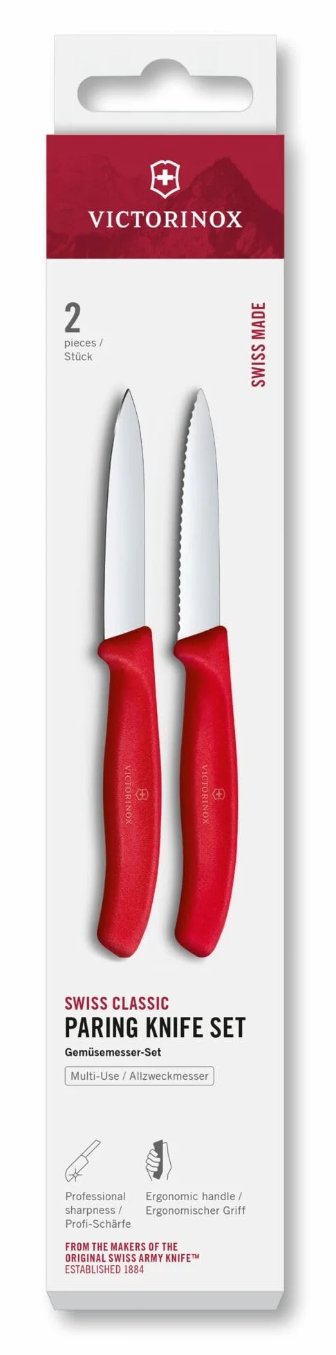 Victorinox Swiss Classic Coltello per verdure e spelucchini, Extra affilato, dritto e seghettato, Acciaio inox, Rosso