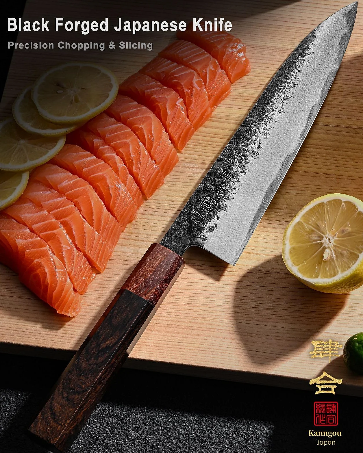 Kanngou Coltello Giapponese Professionale 21cm, Coltello da Cucina Forgiato a Mano in Acciaio AUS-8, Manico Ebony
