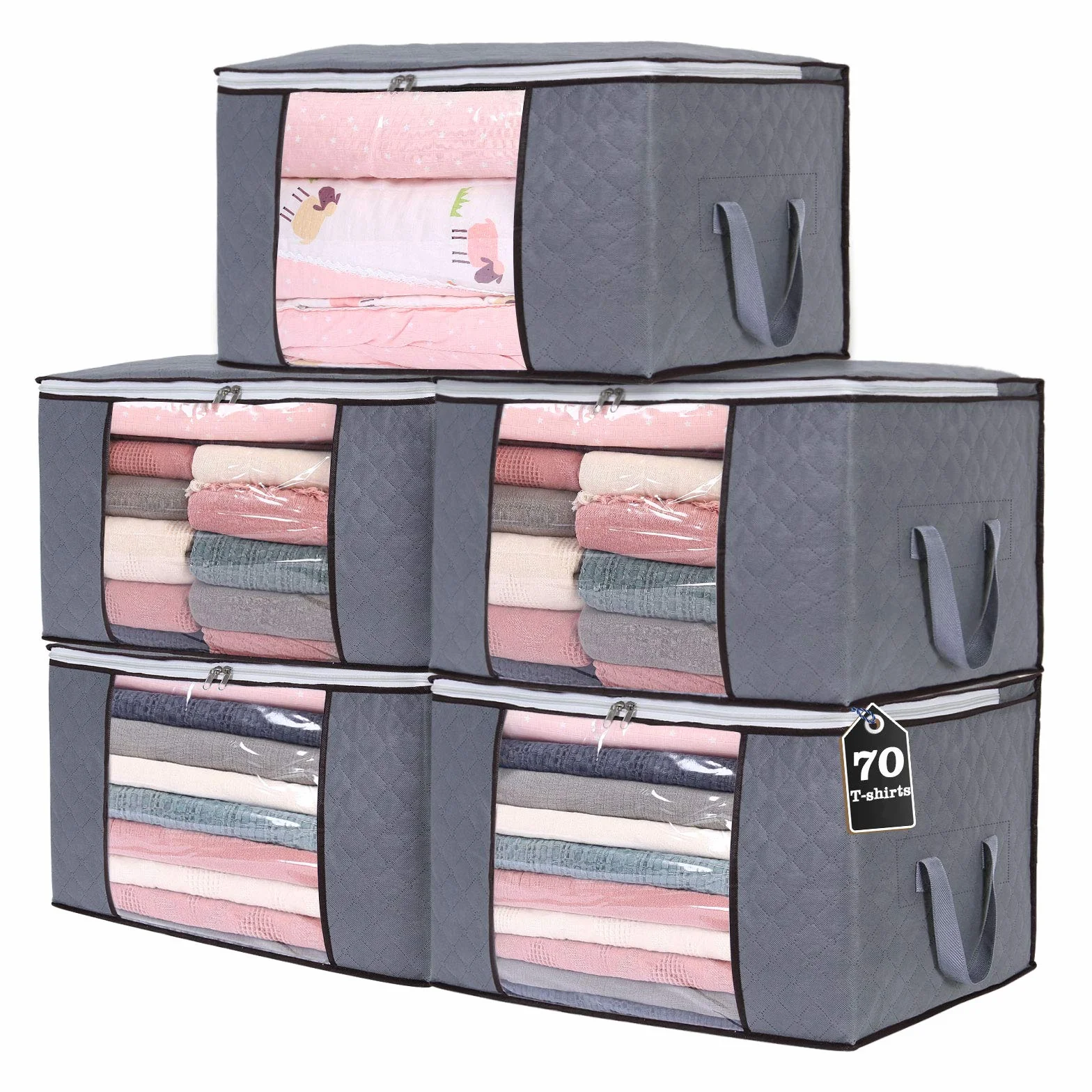 Grande Capacità Borsa di Immagazzinaggio, Tessuto Spesso Pieghevole Vestiti Sacchetto di Immagazzinaggio per Vestiti, Coperte, Maglioni, Borsa Organizzatore con Manico Rinforzato, 5 Pezzi