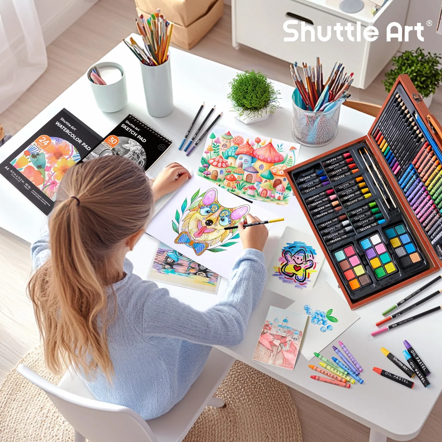 Set d’arte di luxe, Shuttle Art Kit d’arte con penne acriliche da disegno pastelli a olio acquoso pannelli di colore filigrana libri di colore acquoso Pad da disegno per bambini adulti