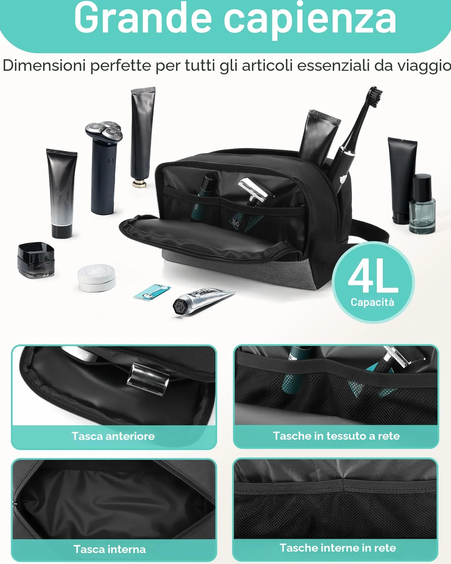 Elviros Borsa da Viaggio Uomo Appendibile Organizer Cura Personale Cosmetici Compatta Barba Accessori Viaggi Nero
