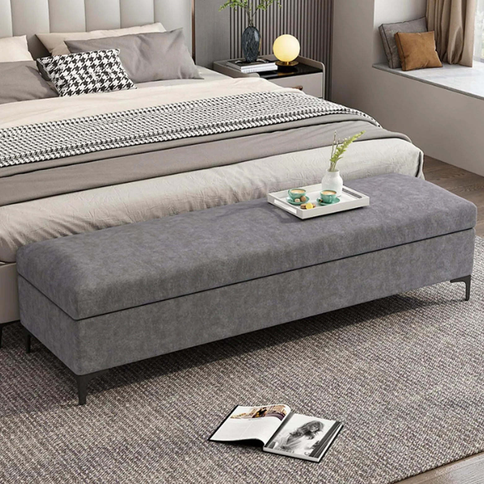 Panca contenitore da ingresso in velluto antigraffio per gatti, panca ottoman porta scarpe per corridoio con struttura in legno massello, soggiorno e camera da letto(Gray,120cm/47.2in)