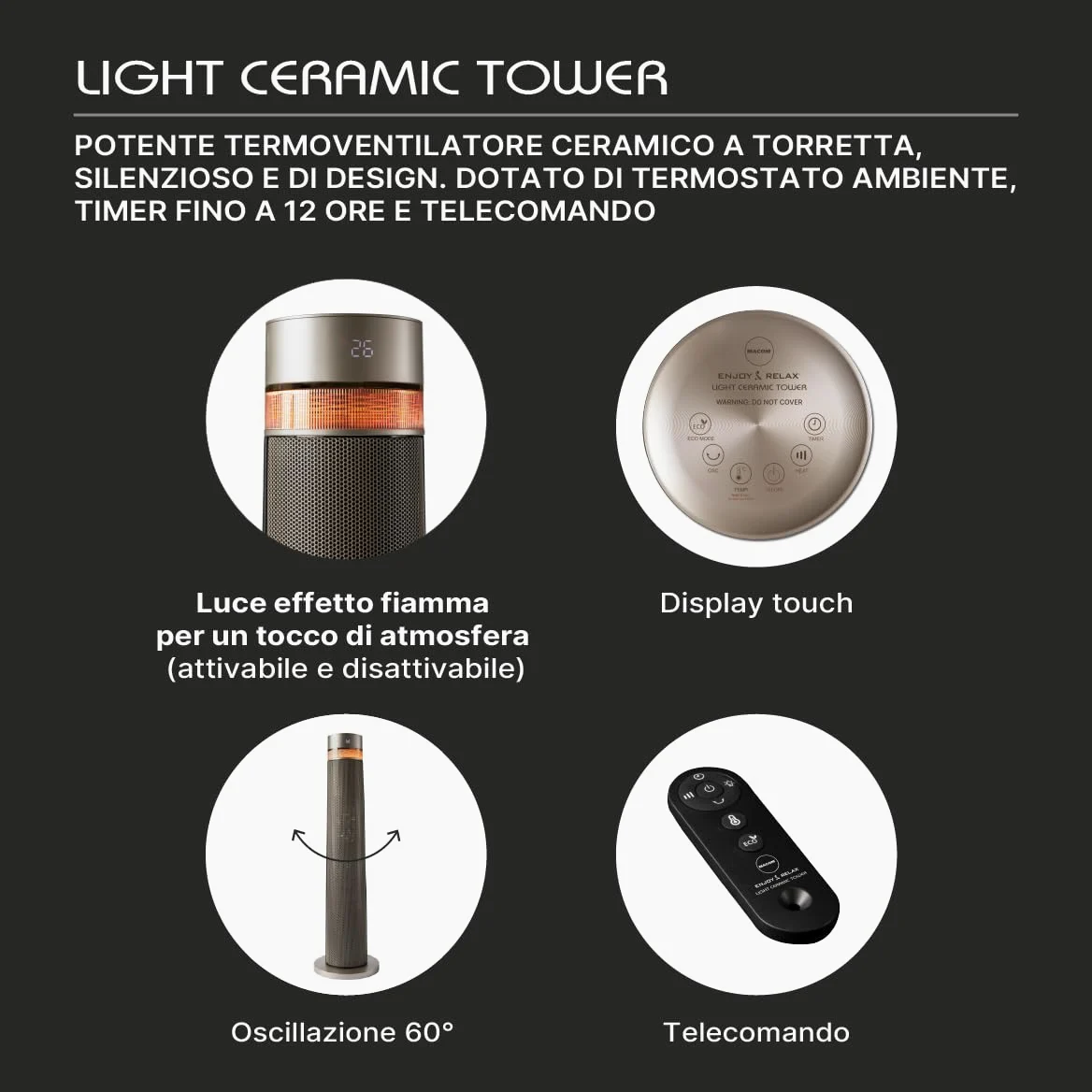 MACOM, Potente Termoventilatore Ceramico a Torretta, Silenzioso e di Design, con Telecomando, 2000W, Enjoy & Relax 944 Light Ceramic Tower