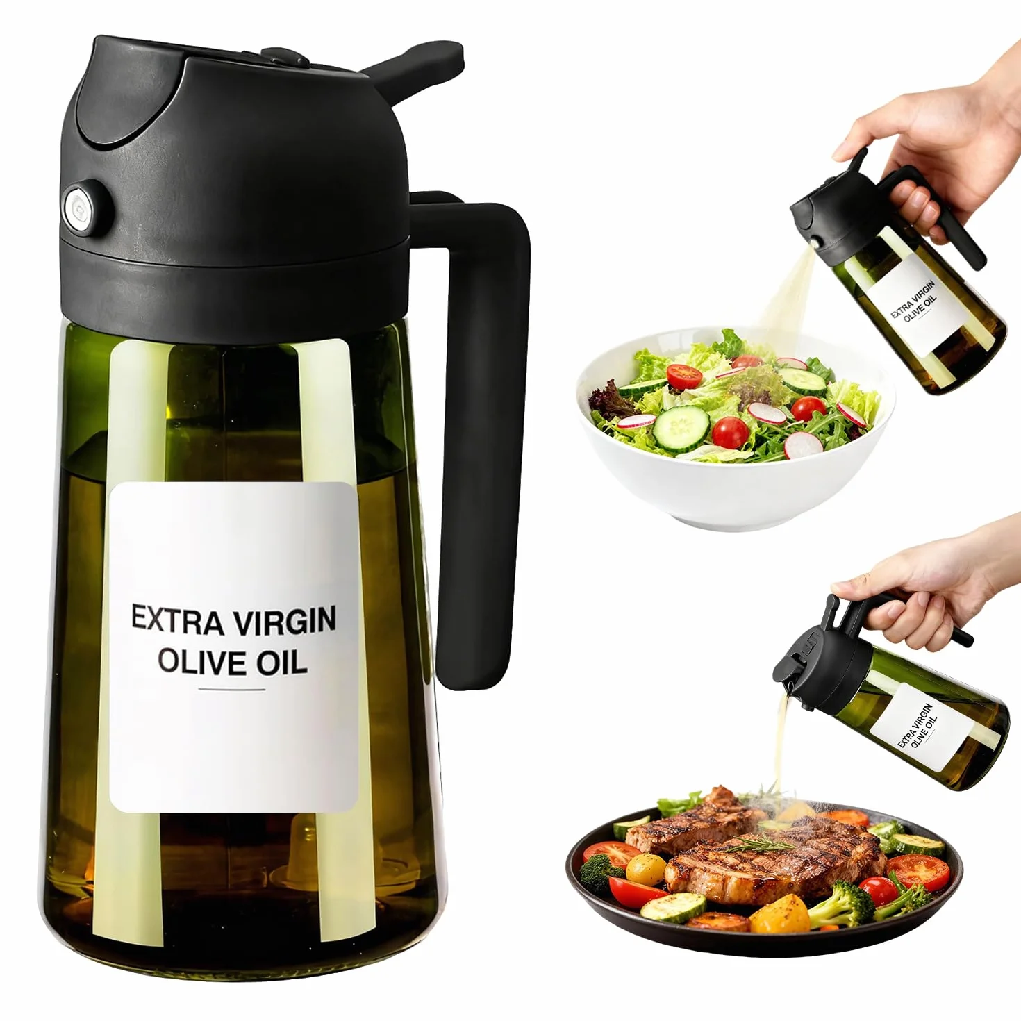 Spruzzatore d'Olio in Vetro 16oz 470ml 2-in-1 Dispensatore d'Olio d'Oliva per Cucina Friggitrici ad Aria Insalate Frittura Grigliate Cottura al Forno Verde