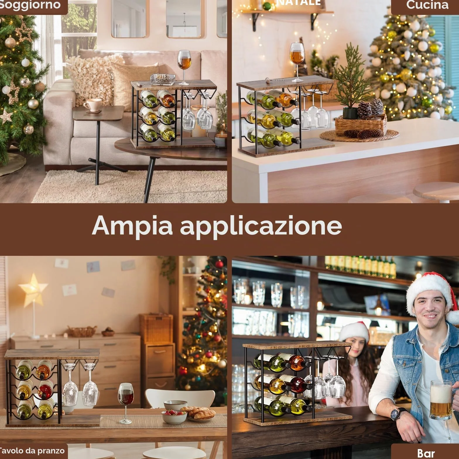Nuovoware Portabottiglie da Tavolo per 6 Bottiglie 4 Bicchieri, Organizer Vino in Metallo e Legno