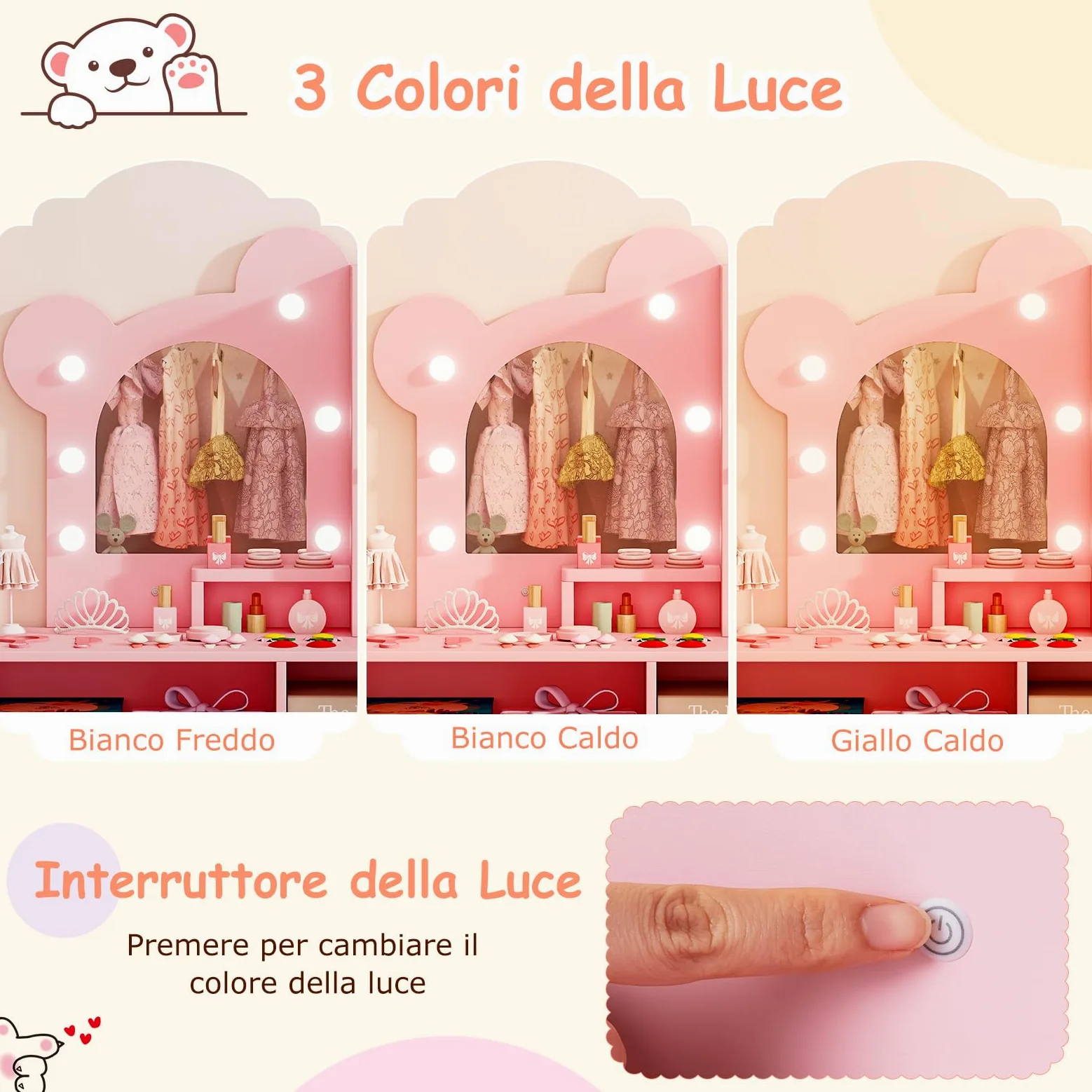 RELAX4LIFE Toeletta Trucco per Bambini con Luci, 3 Colori e Luminosità Regolabile, Set di Tavolo e Sedia on 5 Cassetti e 2 Scomparti, Postazione Trucco per Bambini 3+ Anni (Rosa)