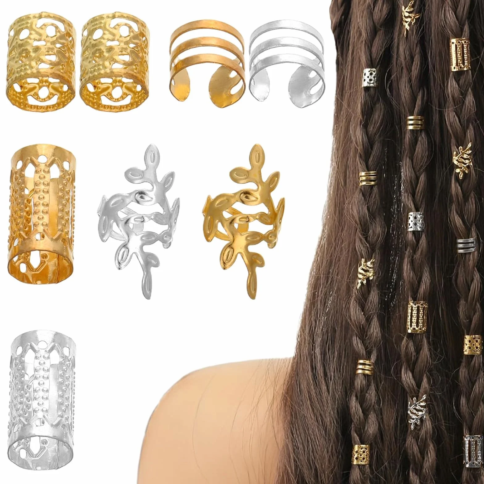 Accessori per Capelli 80 Pezzi, Gioielli per Capelli con Clip, Perline per Dreadlocks in Ferro