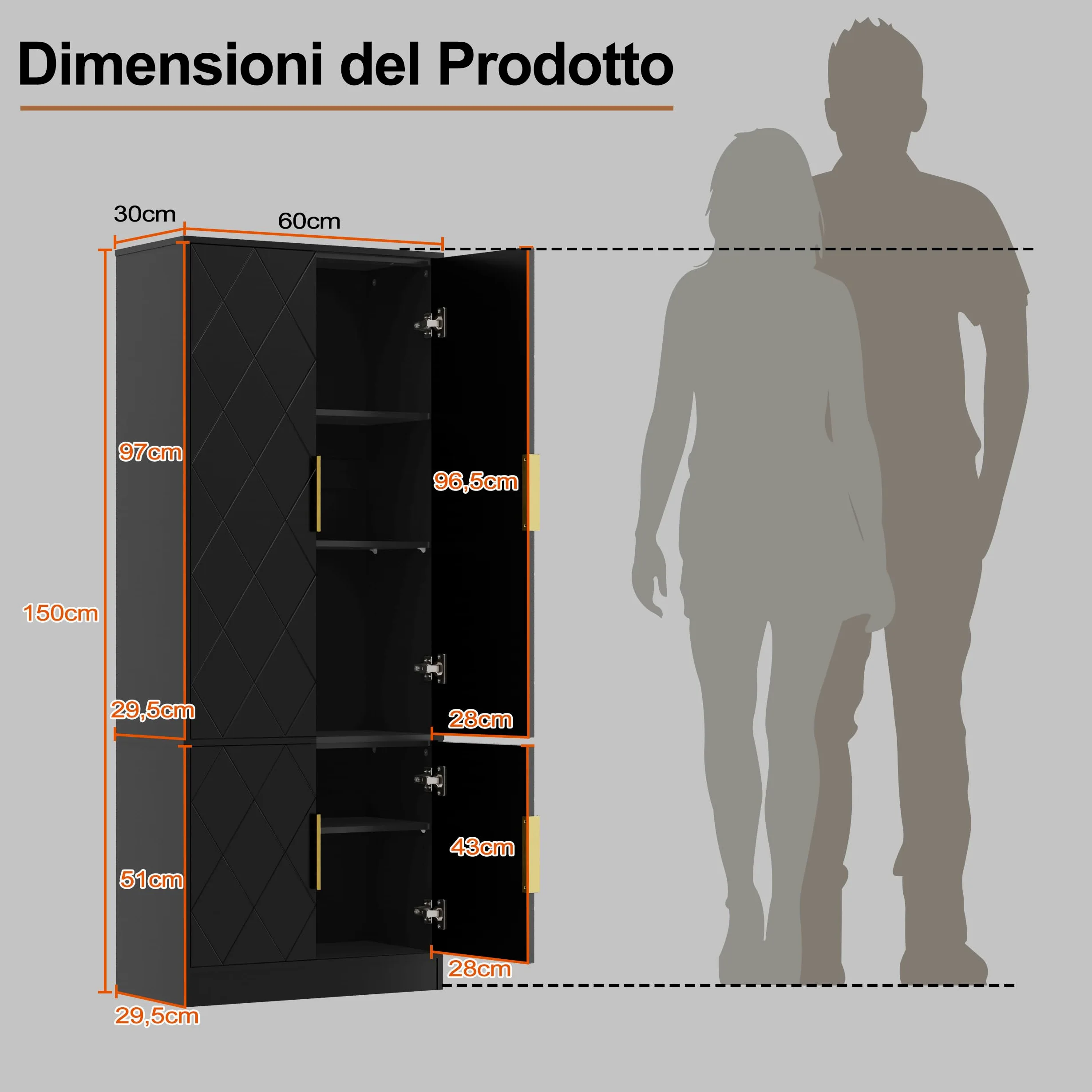 UEV Credenza Cucina Alta 150CM Design Diamante, Armadietto Highboard con 4 Ante, Grande Spazio di Archiviazione, Armadio Buffet Cucina Sicuro con Design Antiribaltamente, 60 x 30 x 150 cm, Nero