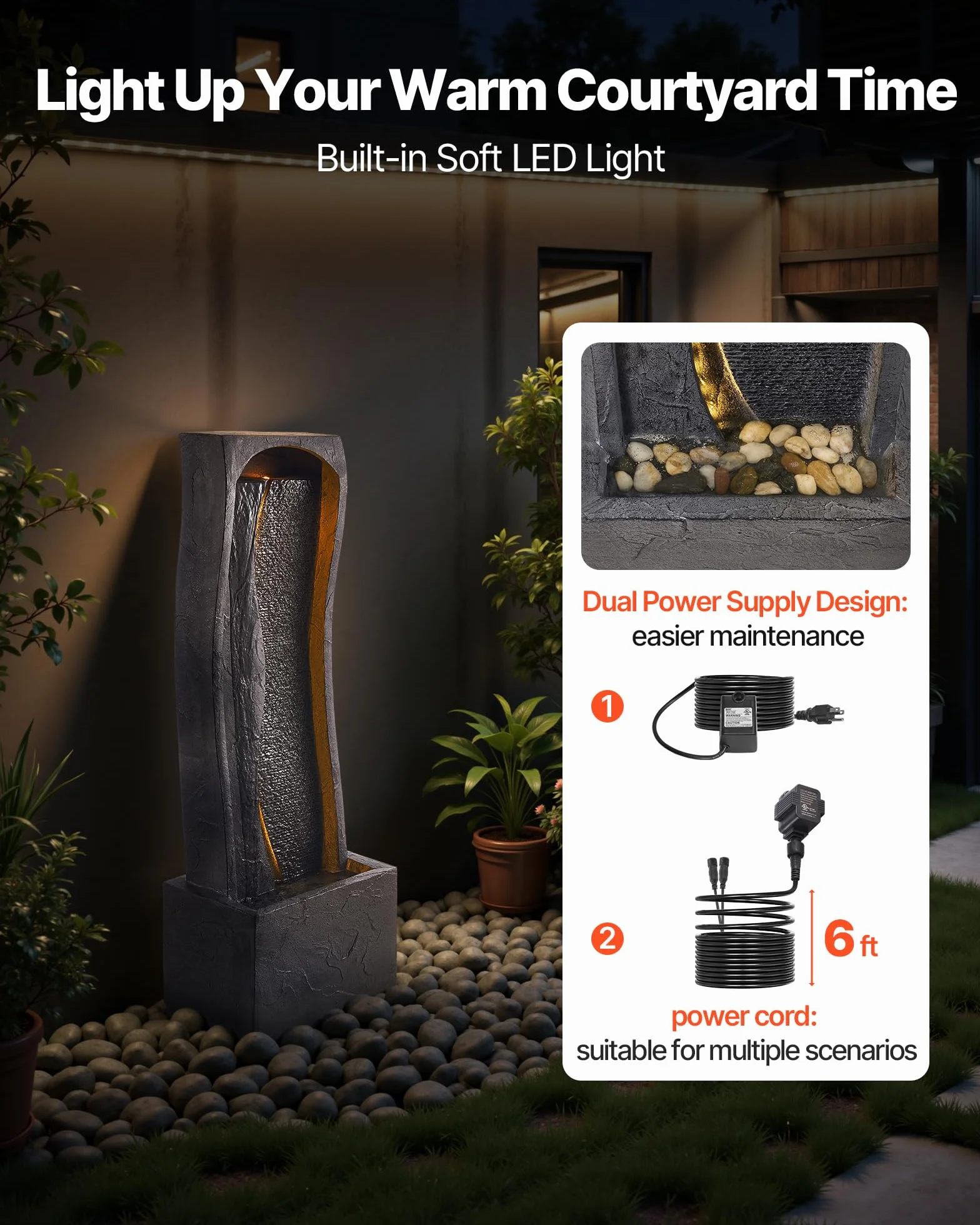 VEVOR Fontana da Esterno, Fontana e Cascata da 340 x 220 x 980 mm, Fontane a 1 Livello con Base in Pietra da Pavimento con Luce LED e Pompa, per Esterni, Interni, Giardino, Casa, Patio e Cortile