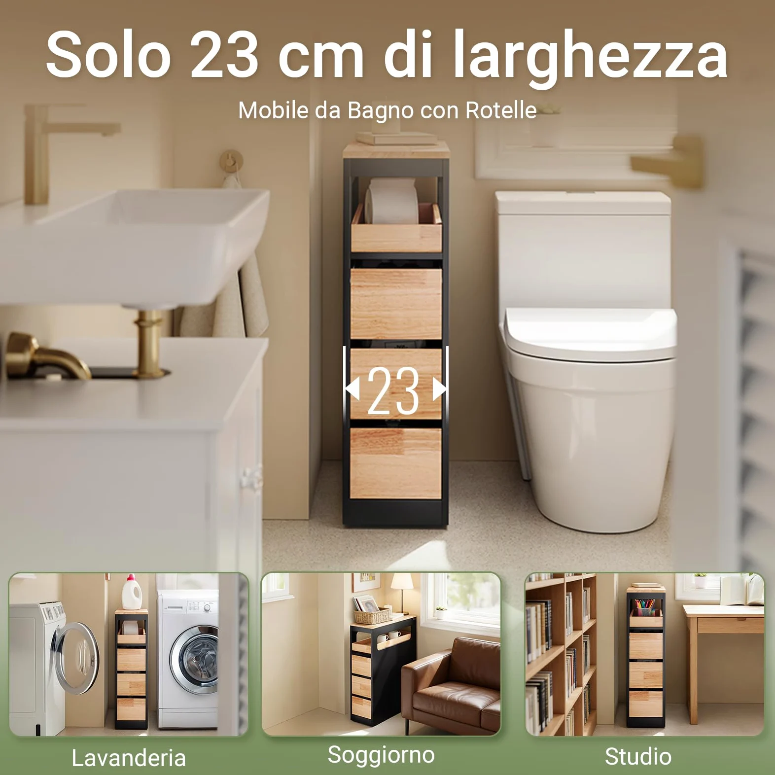 SoBuy Mobiletto Bagno Salvaspazio Cassettiera Bagno Stretto 3 Cassetti con Ruote per Angoli e Nicchie per Piccoli Spazi e Famiglie Nero 65x23x82cm BZR54-II-SCH