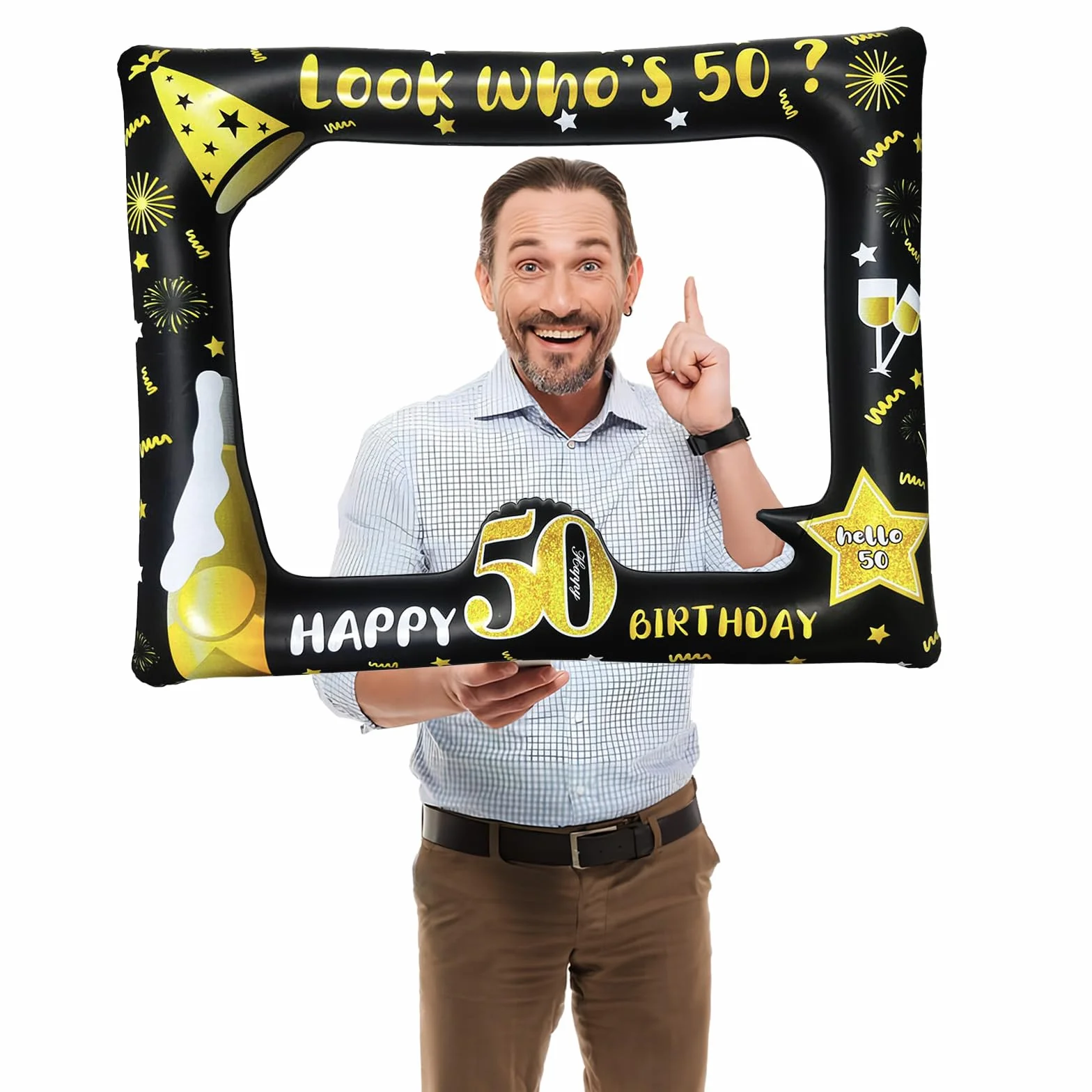 Cornice per Selfie Gonfiabile per 50° Compleanno - Colore Nero e Oro, Gigante - Regalo per Uomini e Donne, Bomboniere, Decorazioni