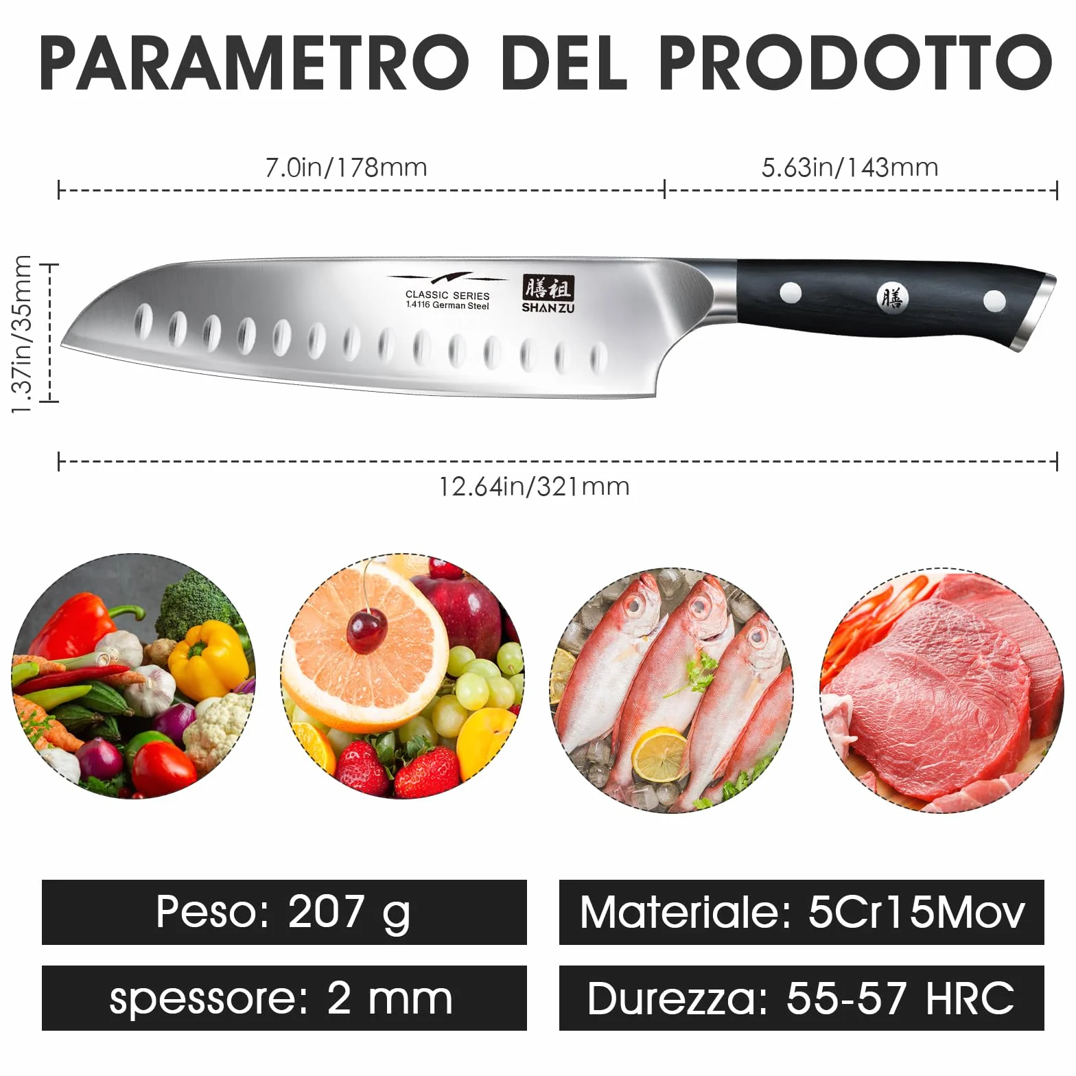 SHAN ZU Coltello da Chef Santoku 18 cm Acciaio Inox German 3 Strati Manico Pakkawood