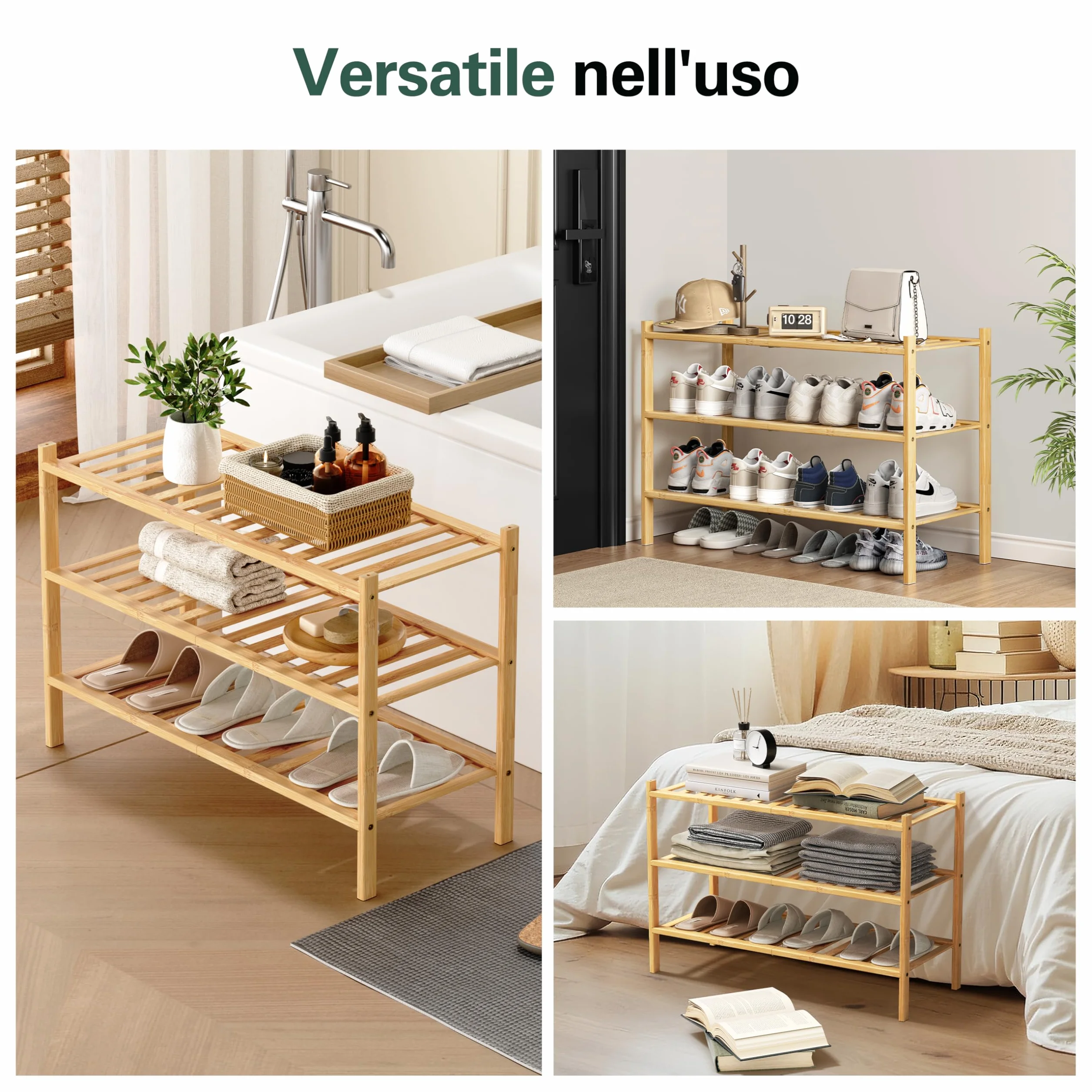 Scarpiera in Legno Bambù 3 Ripiani 68x28x46 cm Porta Scarpe Salvaspazio Ingresso Slim Verticale