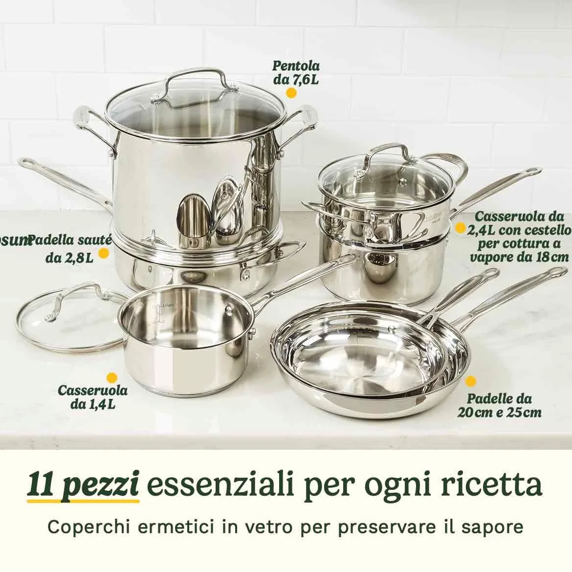 Cuisinart® Chef’s Classic™ Set pentole 11 pezzi | Fondo incapsulato | Induzione | Manici Cool Grip™ | Misure integrate | Lavastoviglie | Cottura uniforme | Acciaio inox