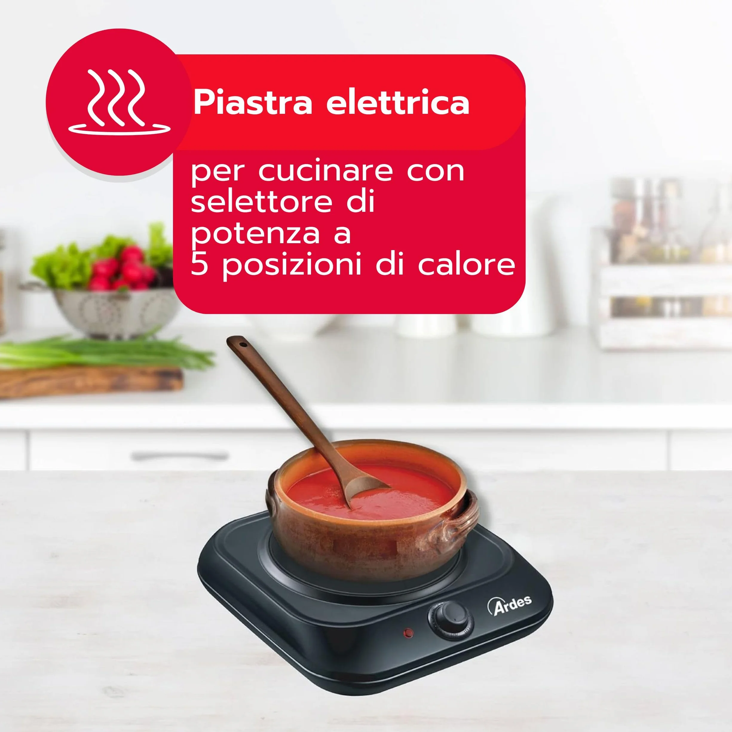 ARDES Fornello elettrico a infrarossi 1200W piastra vetroceramica Ø19 cm termostato regolabile
