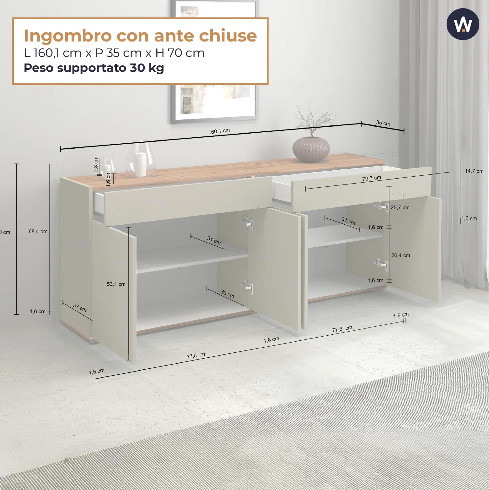 WHOUS Credenza e Buffet GARDA per Soggiorno con 2 Cassetti e 4 Ante, Madia per Salotto, Cucina e Sala da Pranzo in Legno, 160,1x35x70 cm, Tortora Opaco e Rovere