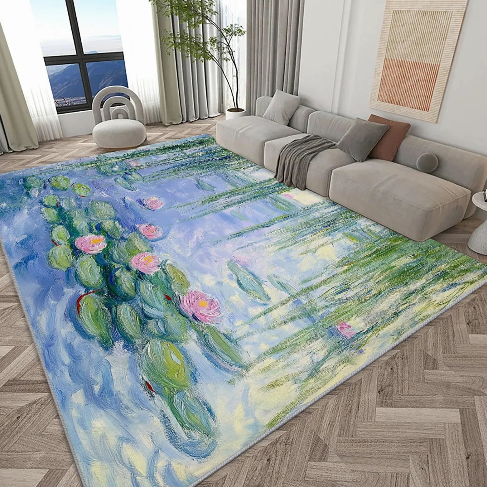 Tappeto verde per laghetto con ninfee, 160 x 230 cm, a pelo corto, moderno, per soggiorno e camera da letto, con retro antiscivolo resistente, lavabile in lavatrice, per l'arredamento della casa.