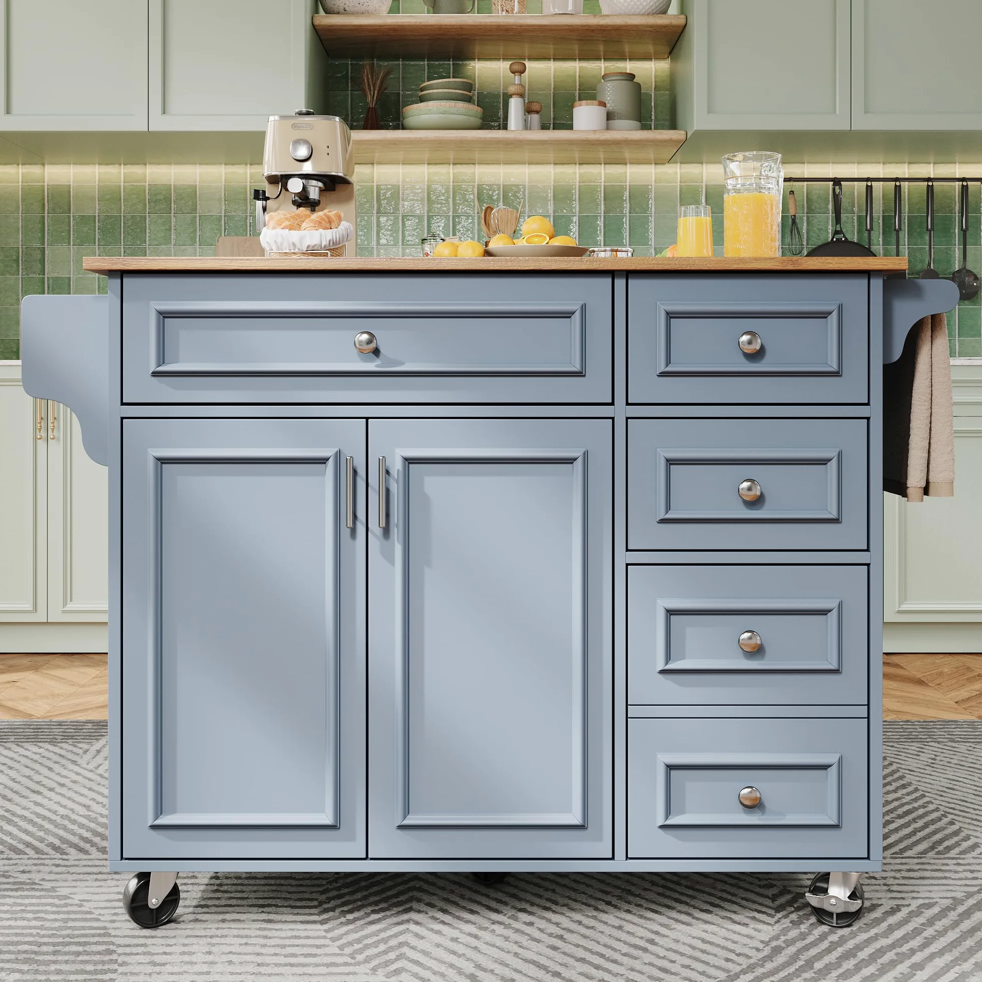 TIZZ Isola da cucina, 110 x 45 x 75 x 92 cm, moderna credenza da cucina, carrello da portata rimovibile, stile vintage, tavolo da pranzo multifunzione con spazio di archiviazione, blu