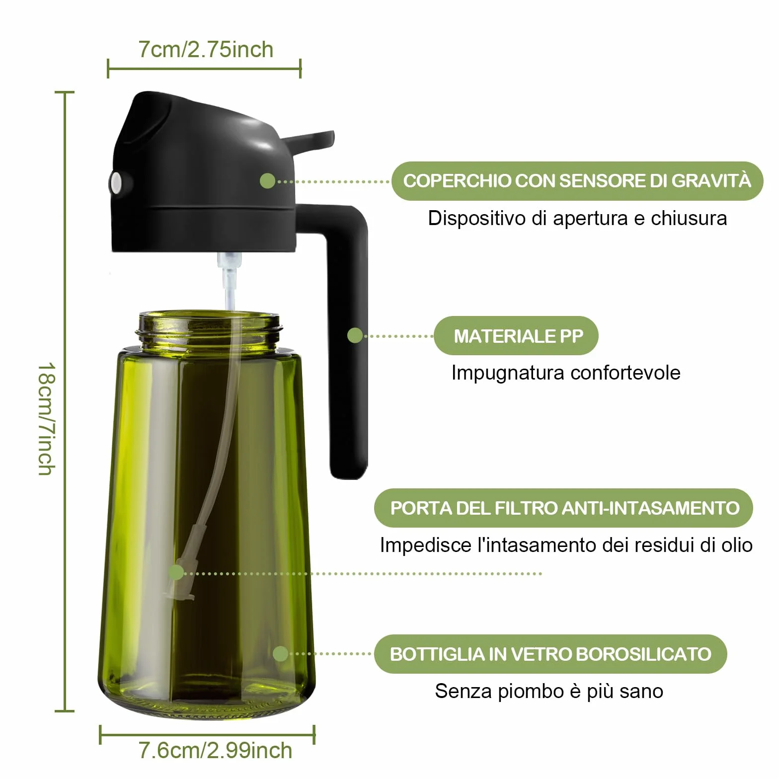 YARRAMATE Spruzzino Olio in Vetro 2 in 1 470 ml, Dosatore d'Oliva Bottiglia Spray da Cucina, Nebulizzatore per Alimenti Nero