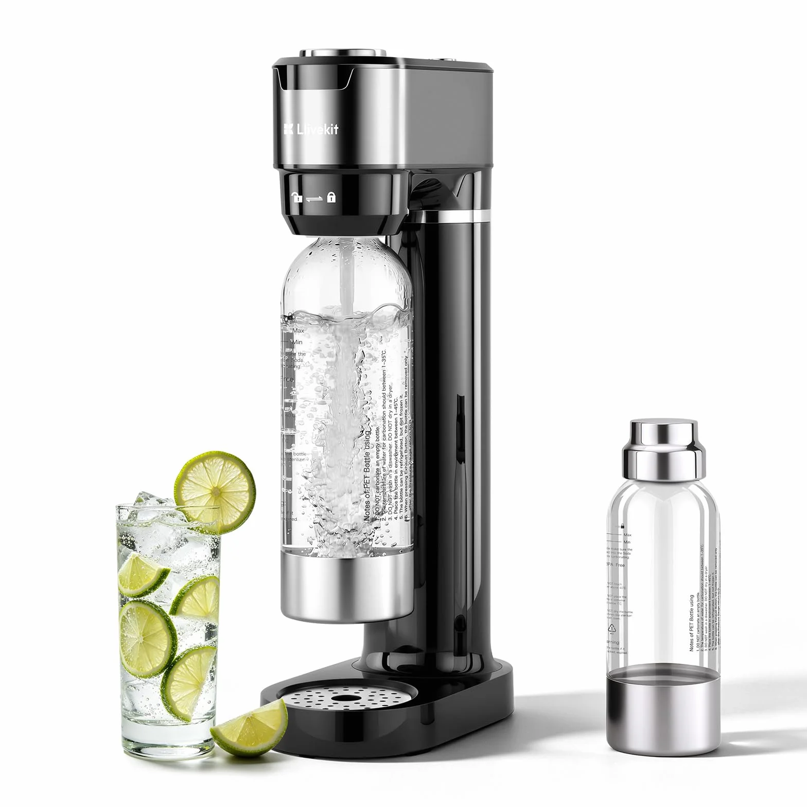 LLIVEKIT Gasatore d’acqua con 4 Livelli di Effervescenza, Bottiglie PET 0,5 L e 1 L, Acciaio Inox, Nero