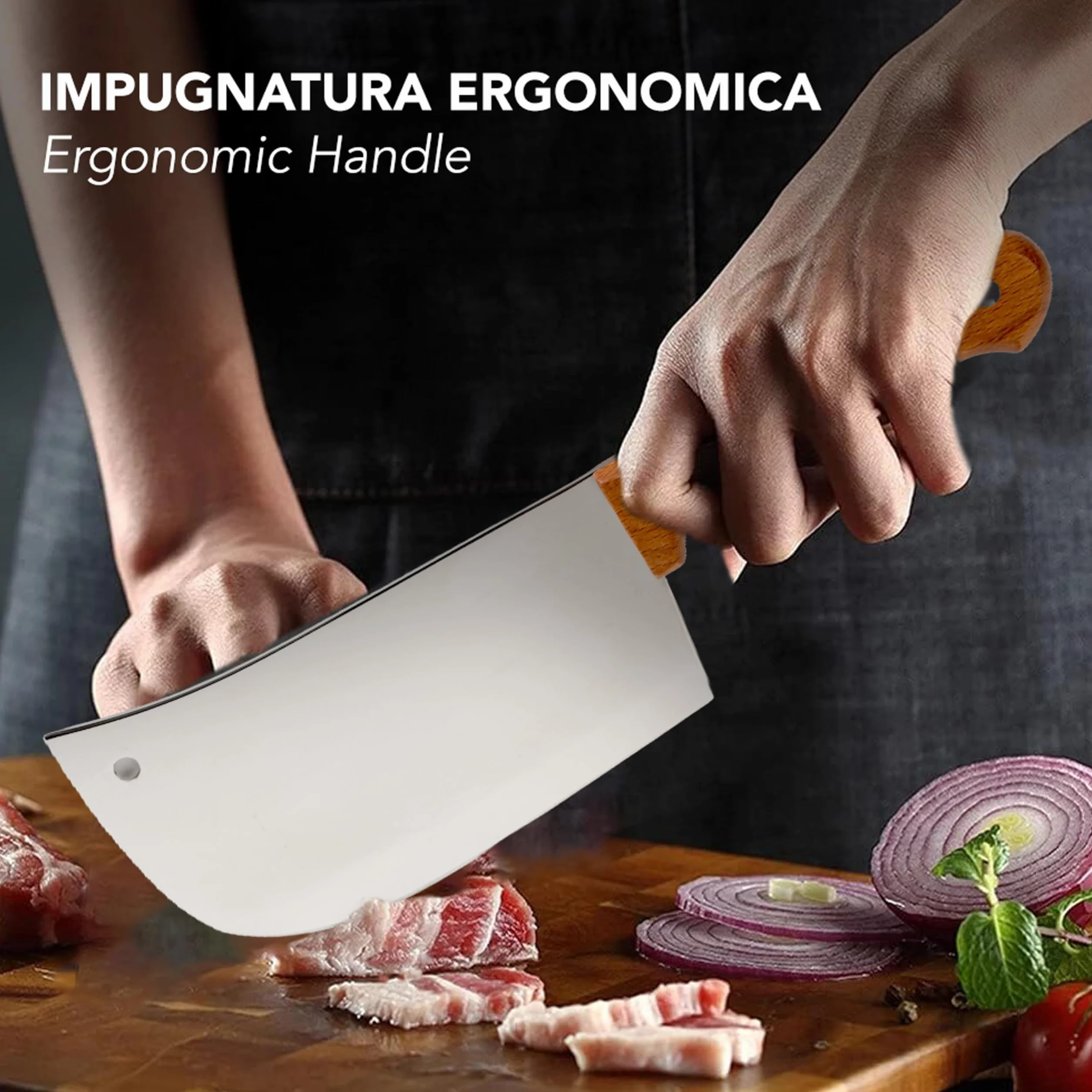 IPEA Mannaia da Cucina 29 cm - Coltello da Chef Professionale con Lama Affilata in Acciaio Inox per Tagliare Carne ed Alimenti - Impugnatura Ergonomica in Legno per Cuoco o Macellaio