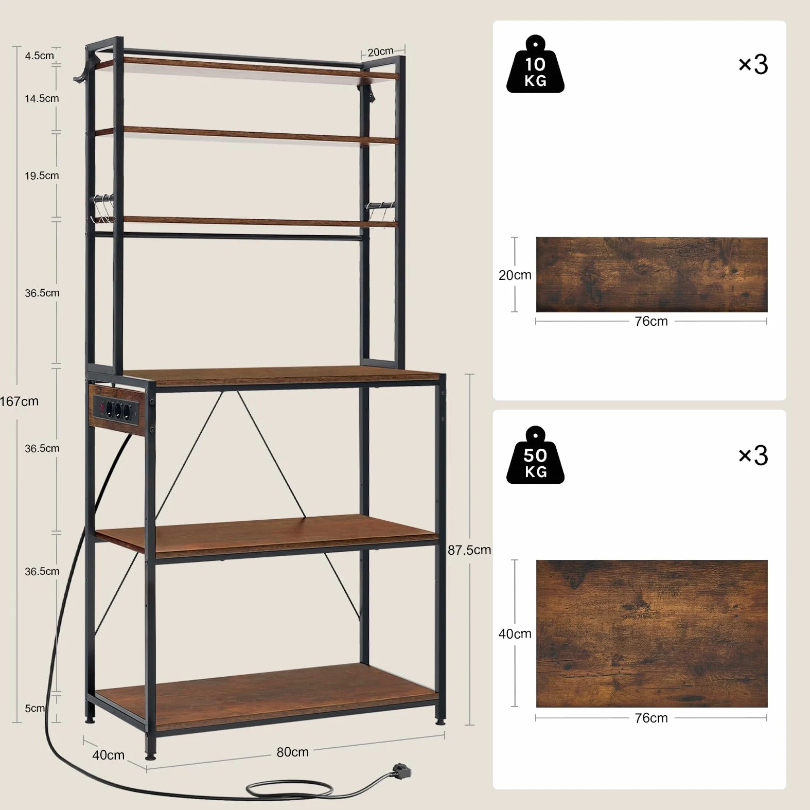 WOLTU Scaffale da Cucina a 6 Livelli con Prese di Corrente, Scaffale per Microonde con Struttura in Metallo e Piano di Lavoro Aperto, Nero+Marrone Rustico, 80x39,5x167cm