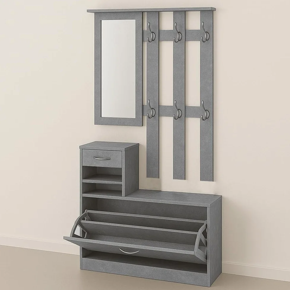BAKAJI Set Mobili Ingresso Design Moderno con Scarpiera Panca Cassetto Specchio Rettangolare e Appendiabiti Attaccapanni 6 Ganci da Parete Casa Design Moderno in Legno (Grigio)