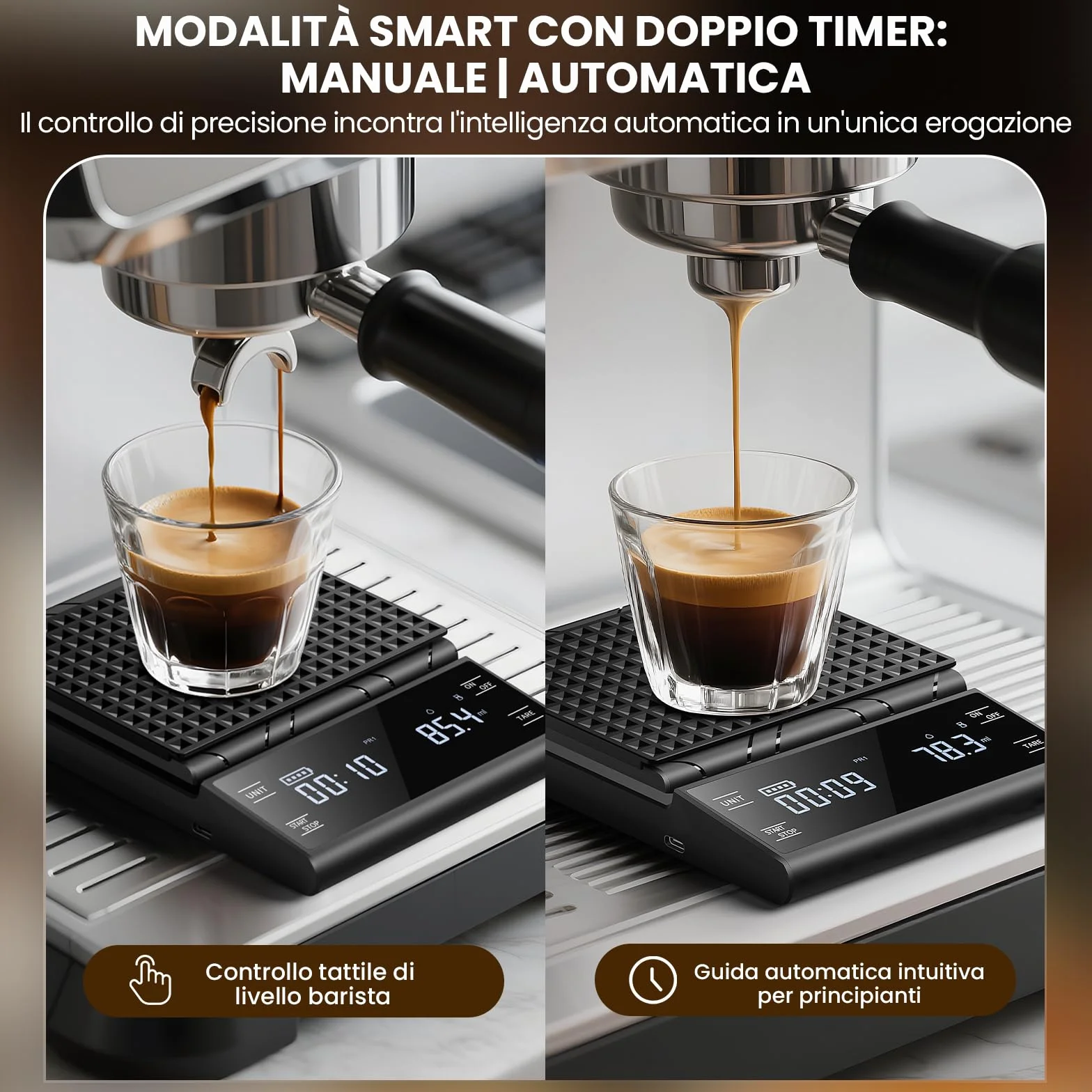 Bilancia da Caffè con Timer, Bilancia da Cucina Digitale Ricaricabile, Bilancia di Precisione da 5 kg/0,1 g per Espresso e Versamento, Bilancia da Caffè con Misurazione Automatica del Tempo