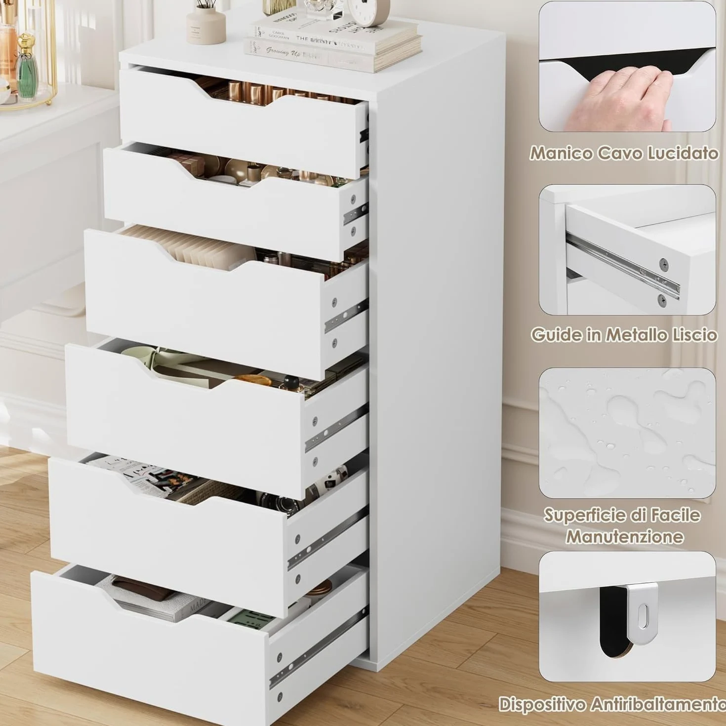FOREHILL Cassettiera a 6 Cassetti, Cassettiera Camera da Letto Bianca, Comò con Cassetti Comodino in Legno, per Soggiorno, Camera da Letto, Corridoio, Cucina 40 x 45 x 90.5cm (Bianco)
