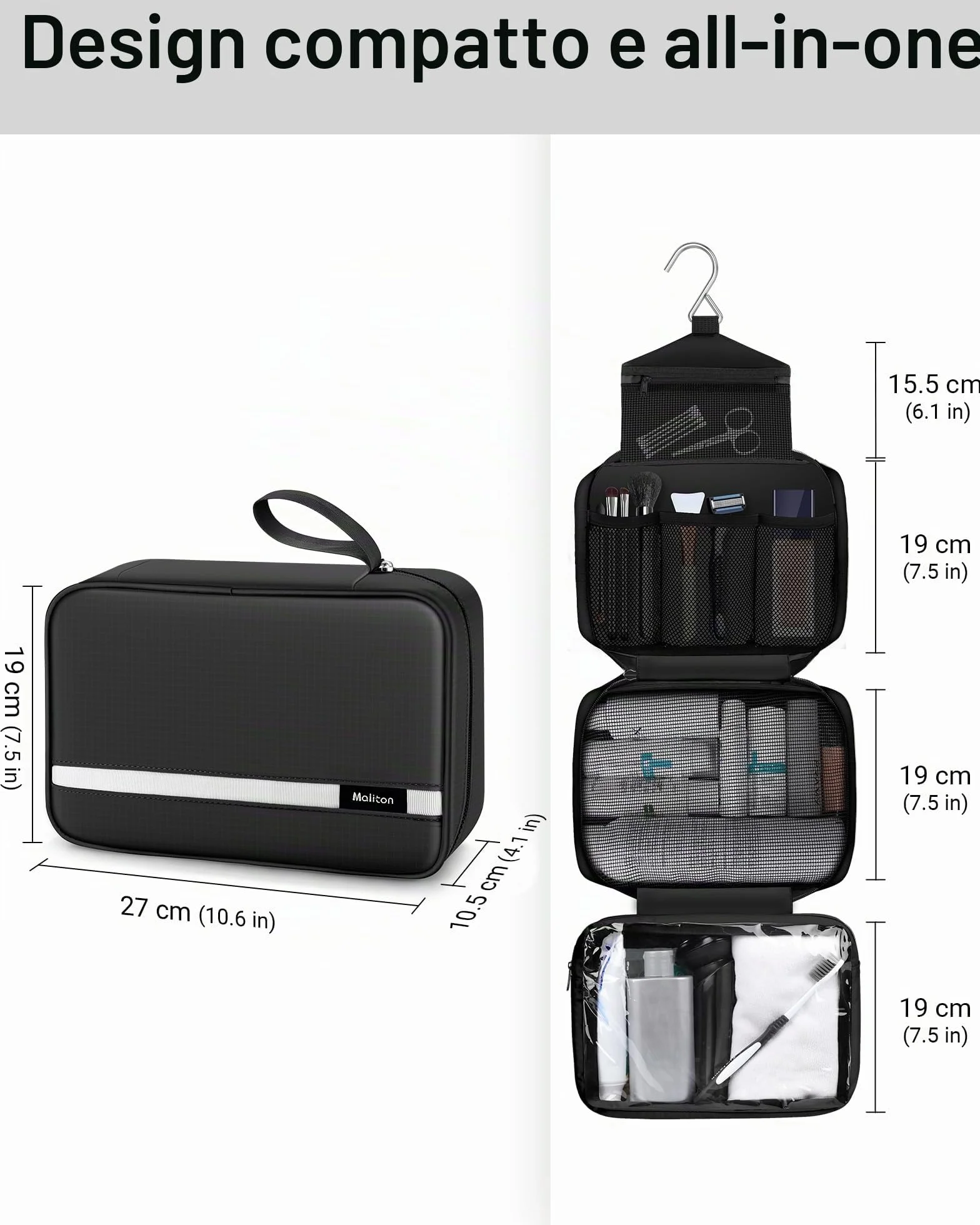 Beauty Case da Viaggio Uomo y Donna, Borsa da Toilette Grande per Viaggio | Borsa da Bagno Compatta da Appendere con 4 Scomparti | Beauty Case da Doccia Impermeabile