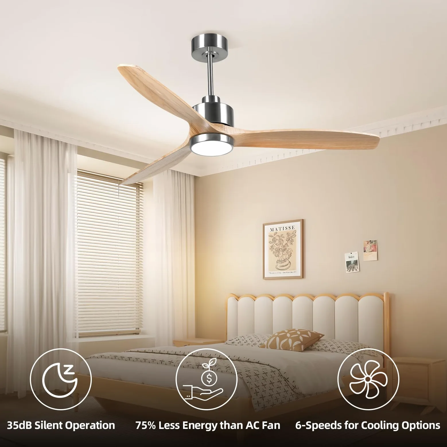 OFANTOP 132cm Ventilatore a soffitto moderno in legno con illuminazione | elecomando, motore a corrente continua silenzioso e commutabile per camera da letto, soggiorno e garage, legno naturale
